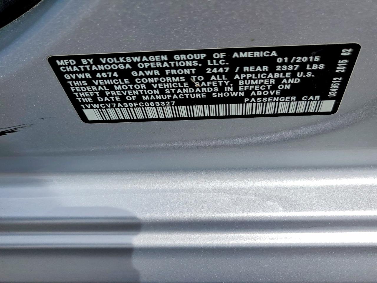 2015 Volkswagen Passat 4d 2wd Silver vin: 1VWCV7A39FC063327