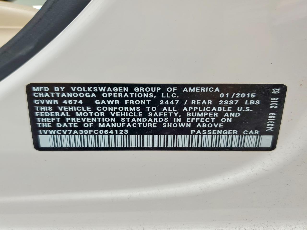 2015 Volkswagen Passat Sel White vin: 1VWCV7A39FC064123