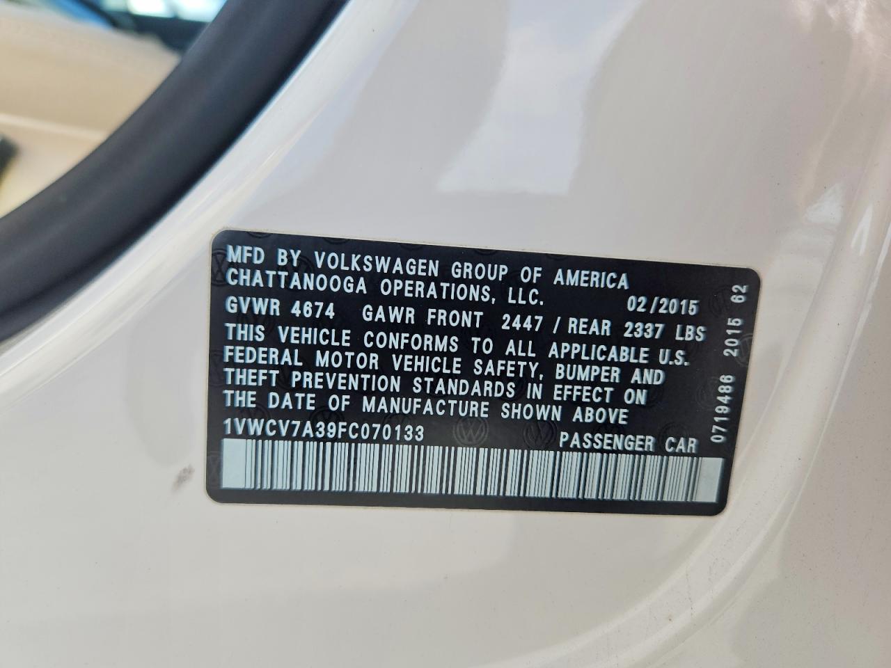 2015 Volkswagen Passat Sel White vin: 1VWCV7A39FC070133