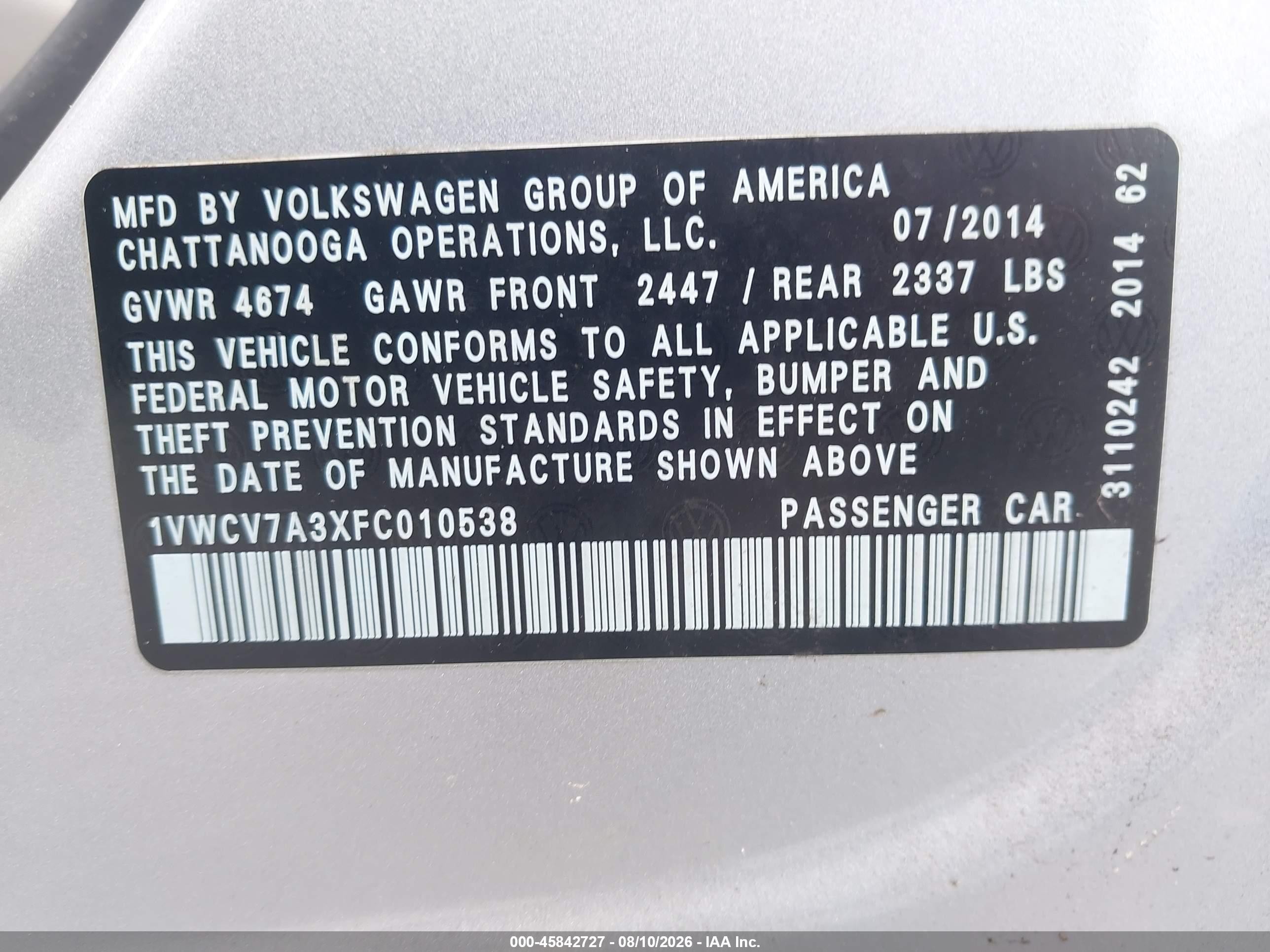 2015 Volkswagen Passat 2.0l Tdi Sel Premium Silver vin: 1VWCV7A3XFC010538