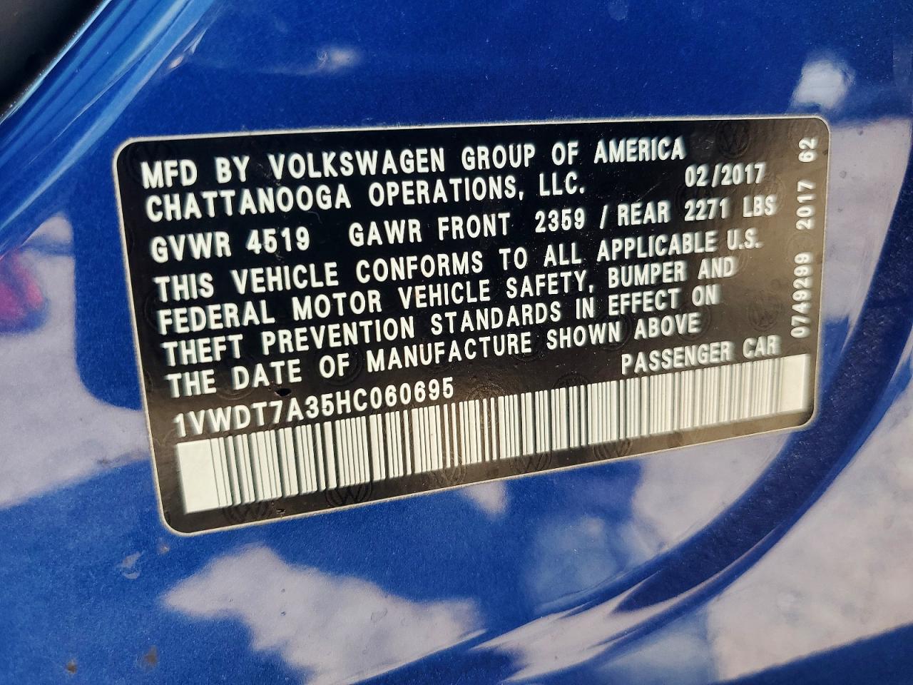 2017 Volkswagen Passat R-line Blue vin: 1VWDT7A35HC060695