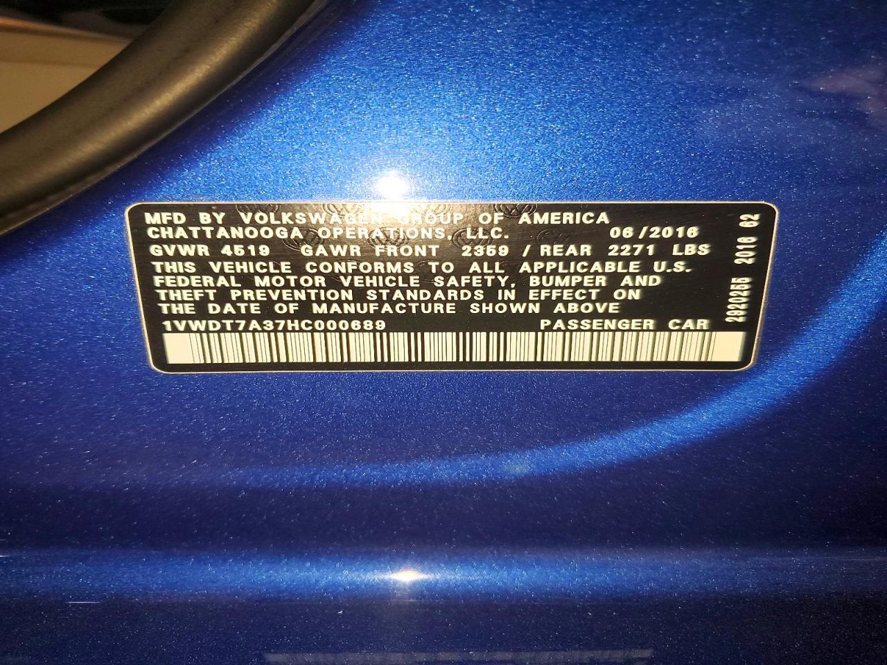 2017 Volkswagen Passat R-line Blue vin: 1VWDT7A37HC000689