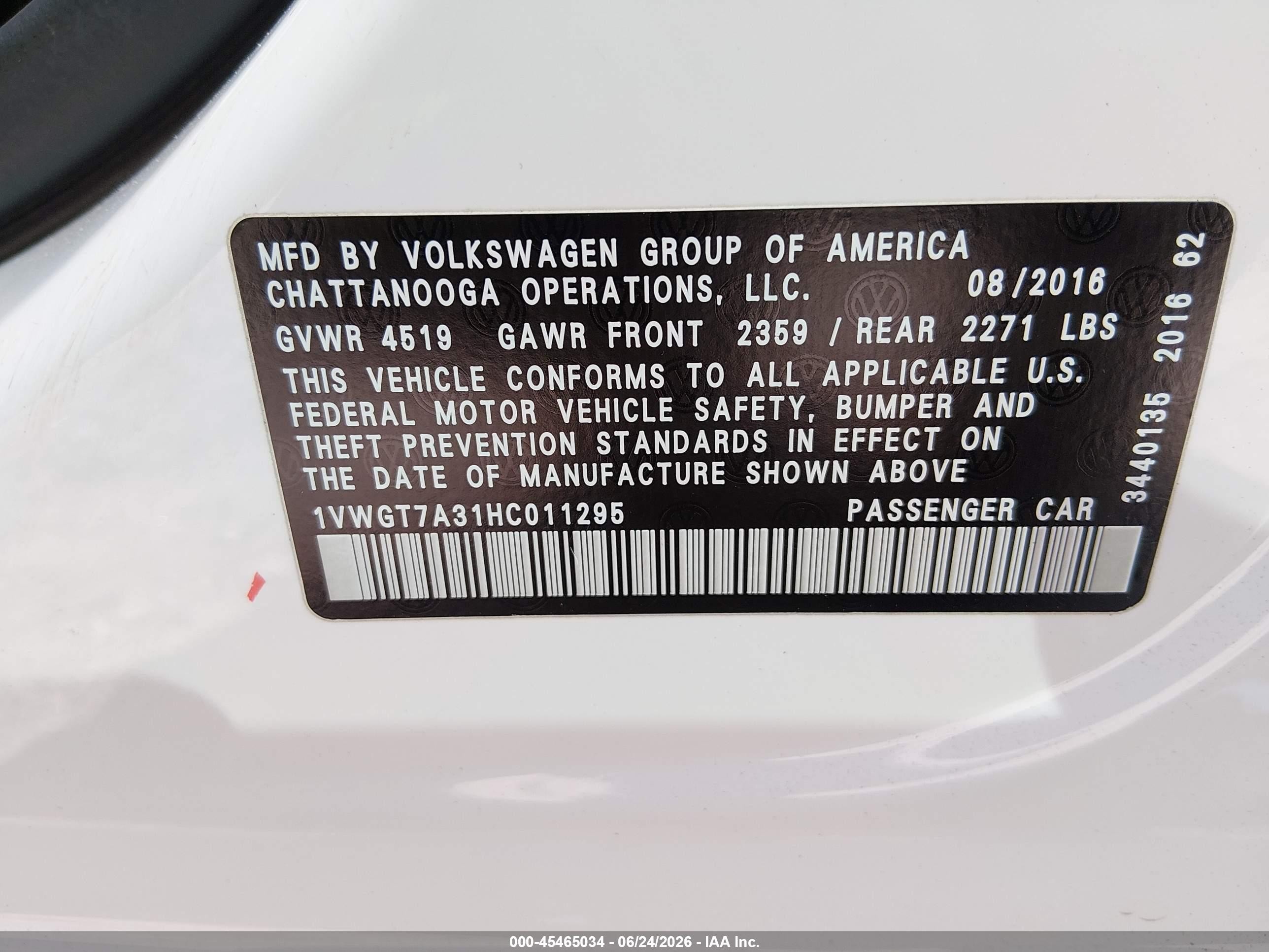 2017 Volkswagen Passat 1.8t Se White vin: 1VWGT7A31HC011295
