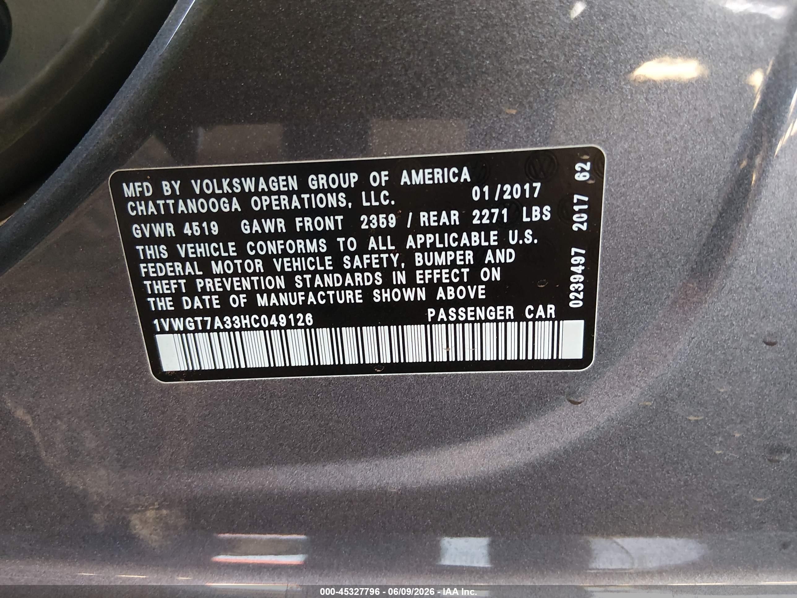 2017 Volkswagen Passat 1.8t Se Gray vin: 1VWGT7A33HC049126
