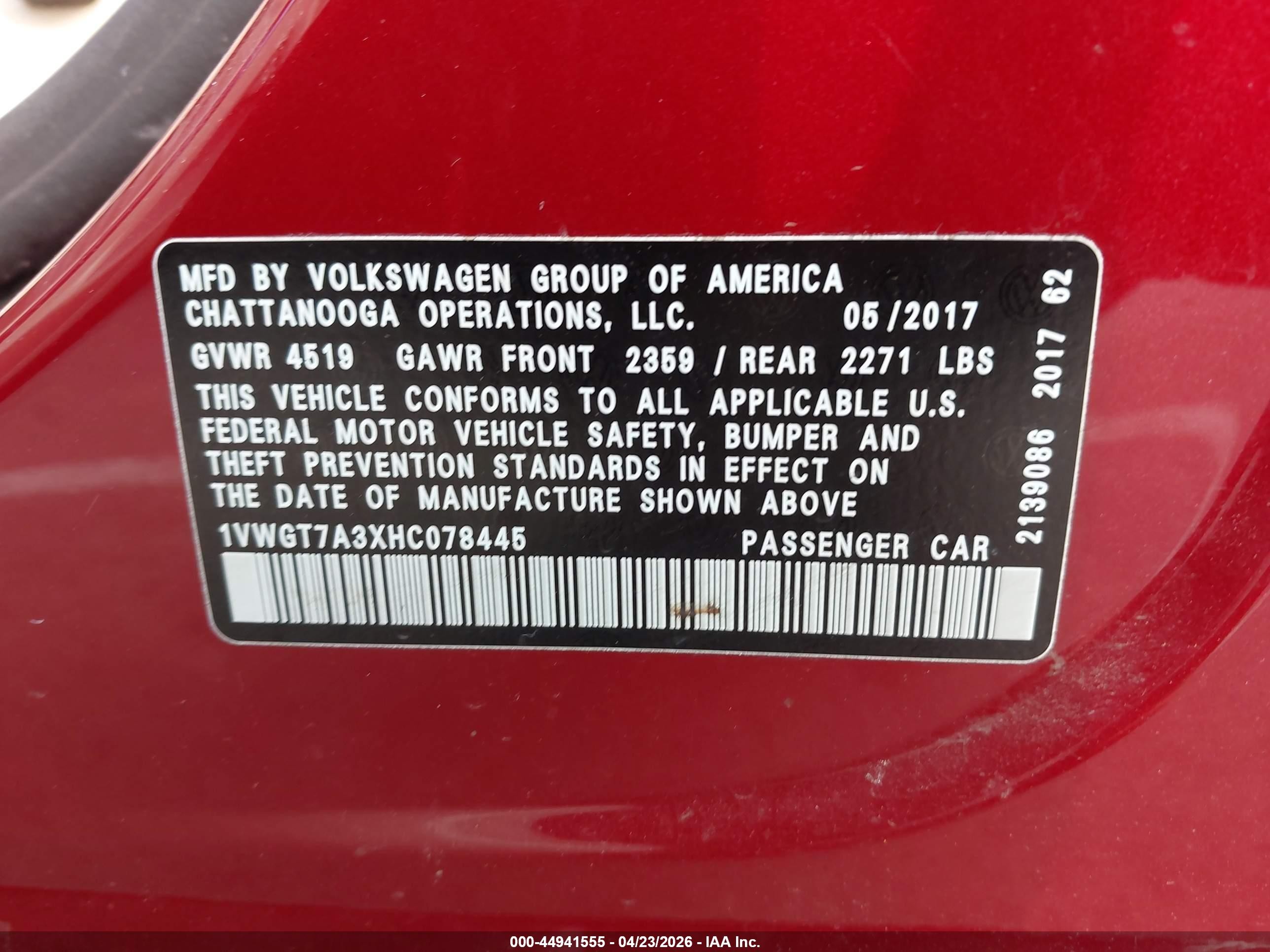 2017 Volkswagen Passat 1.8t Se Red vin: 1VWGT7A3XHC078445