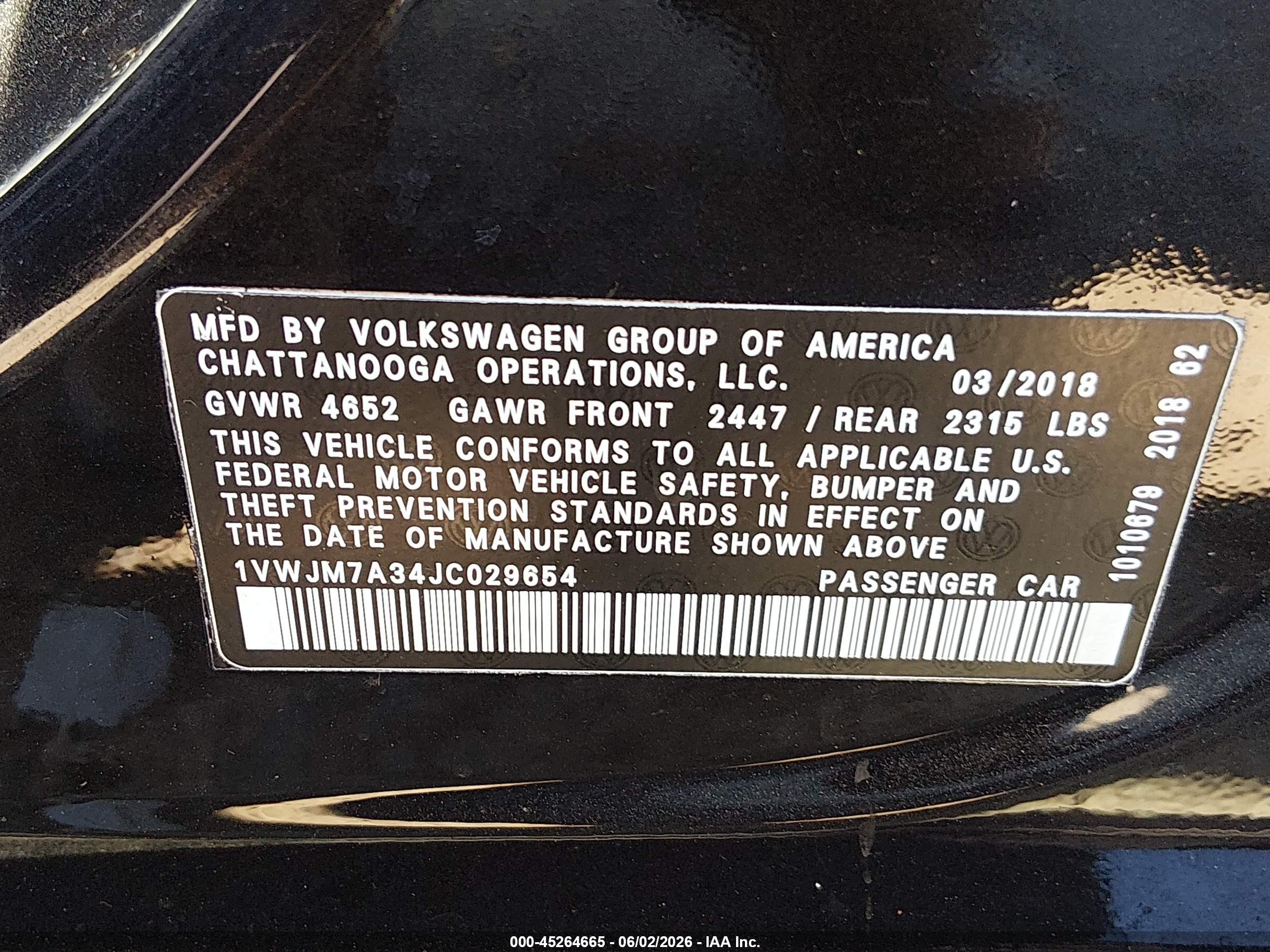 2018 Volkswagen Passat 3.6l V6 Gt Black vin: 1VWJM7A34JC029654