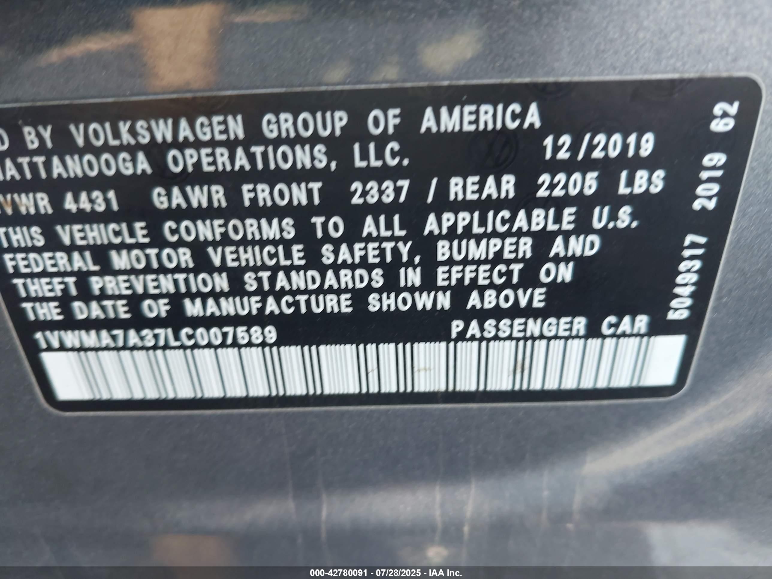 2020 Volkswagen Passat 2.0t R-line Серый vin: 1VWMA7A37LC007589