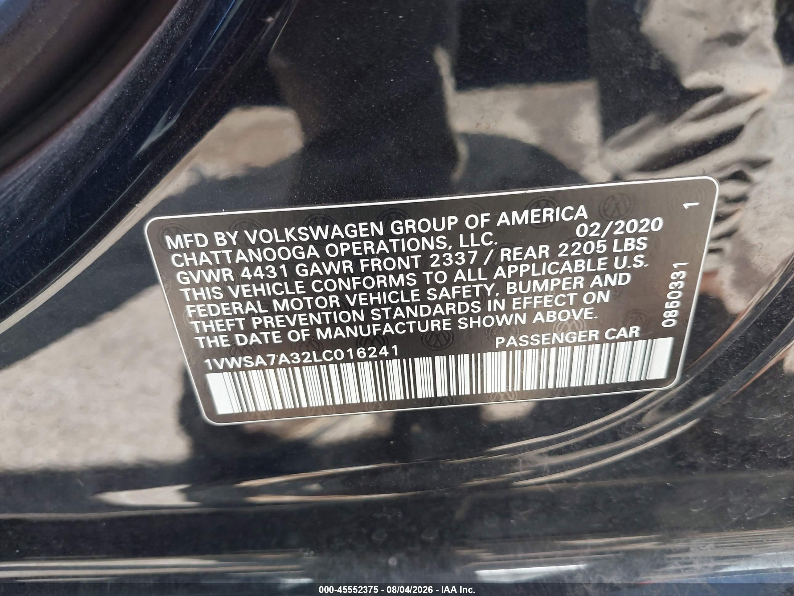 2020 Volkswagen Passat 2.0t Se Black vin: 1VWSA7A32LC016241