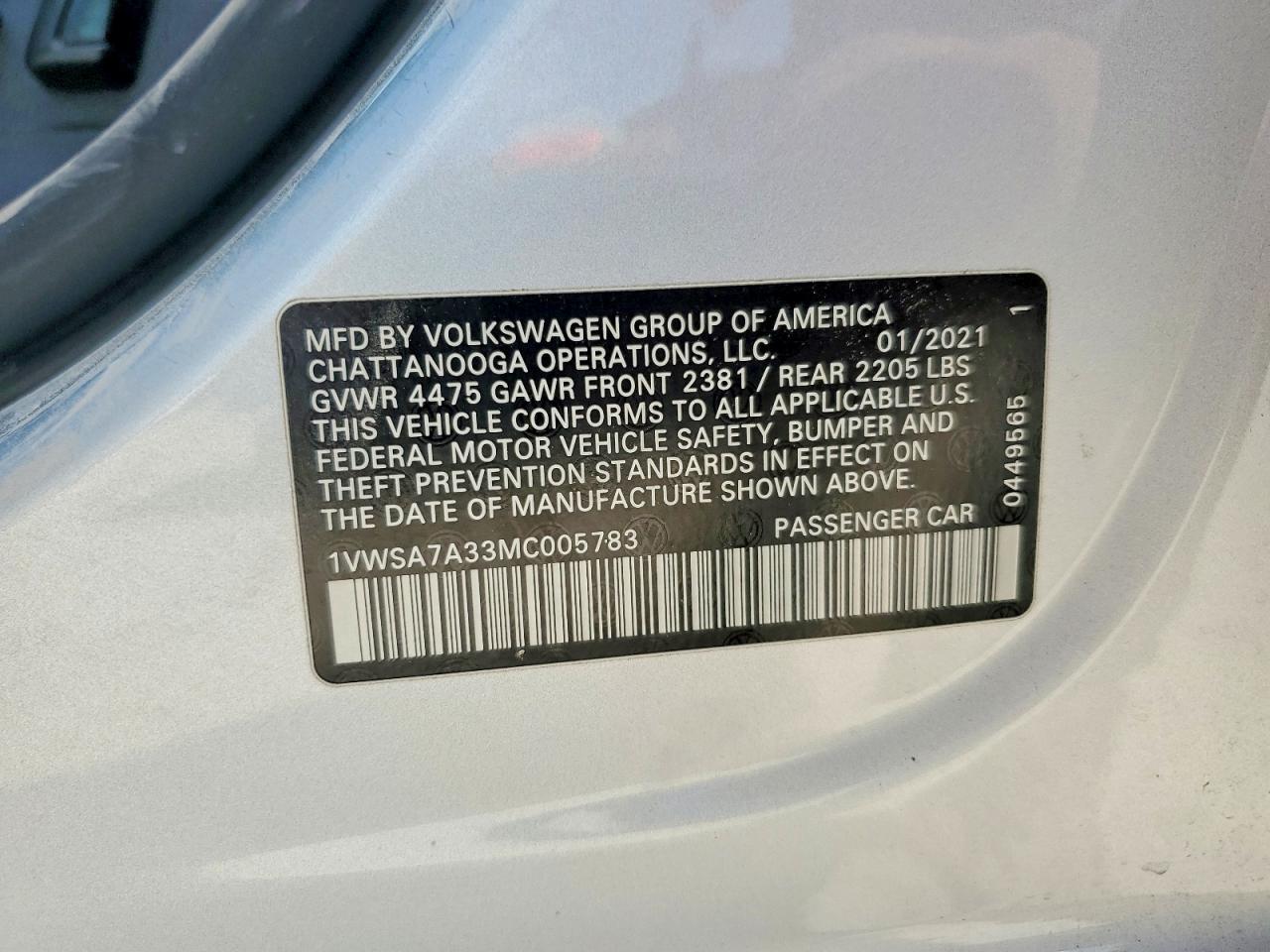 2021 Volkswagen Passat Se Silver vin: 1VWSA7A33MC005783