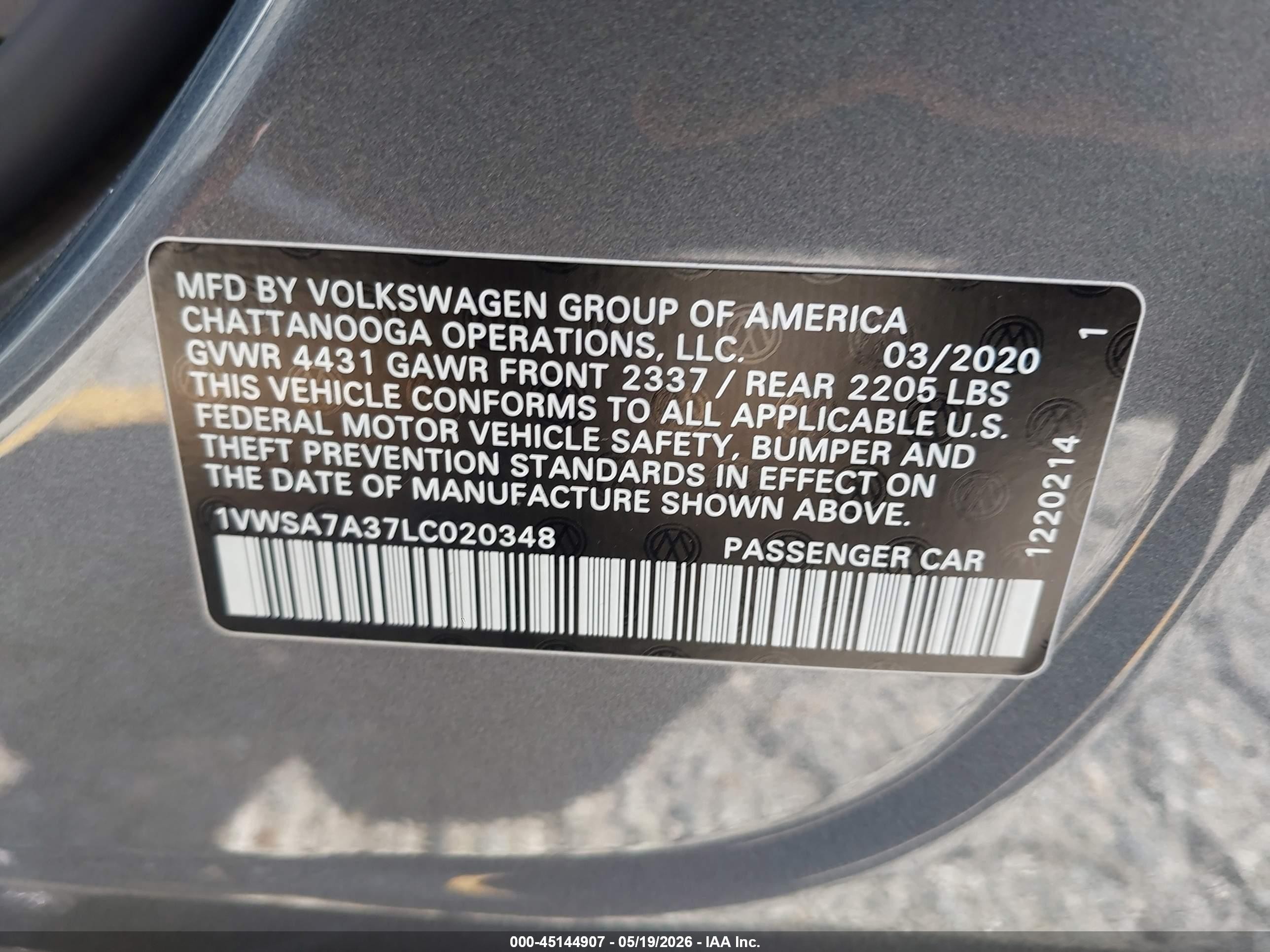 2020 Volkswagen Passat 2.0t Se Gray vin: 1VWSA7A37LC020348