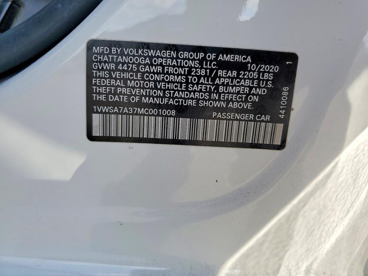 2021 Volkswagen Passat Se White vin: 1VWSA7A37MC001008