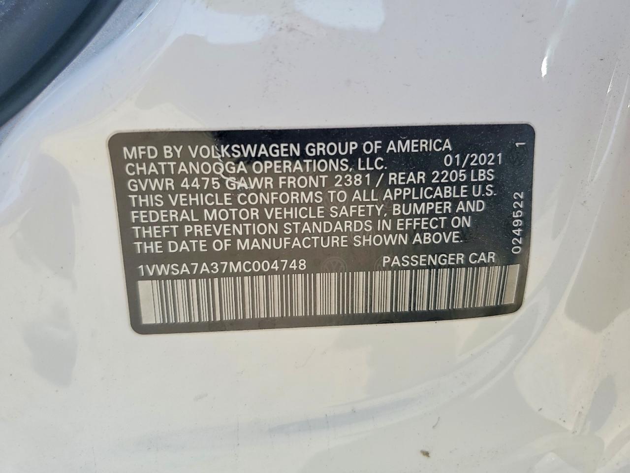 2021 Volkswagen Passat Se White vin: 1VWSA7A37MC004748