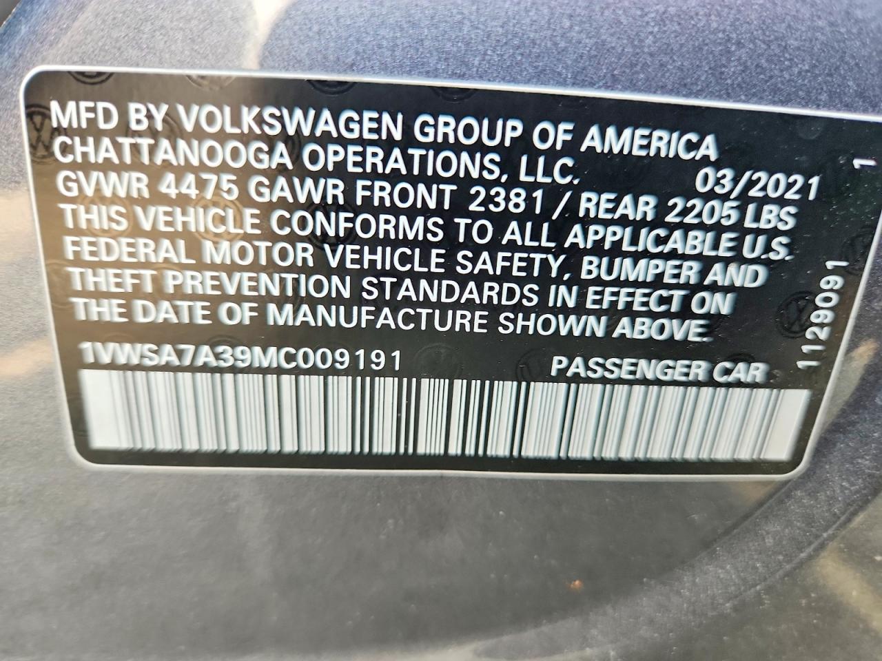2021 Volkswagen Passat Se Silver vin: 1VWSA7A39MC009191