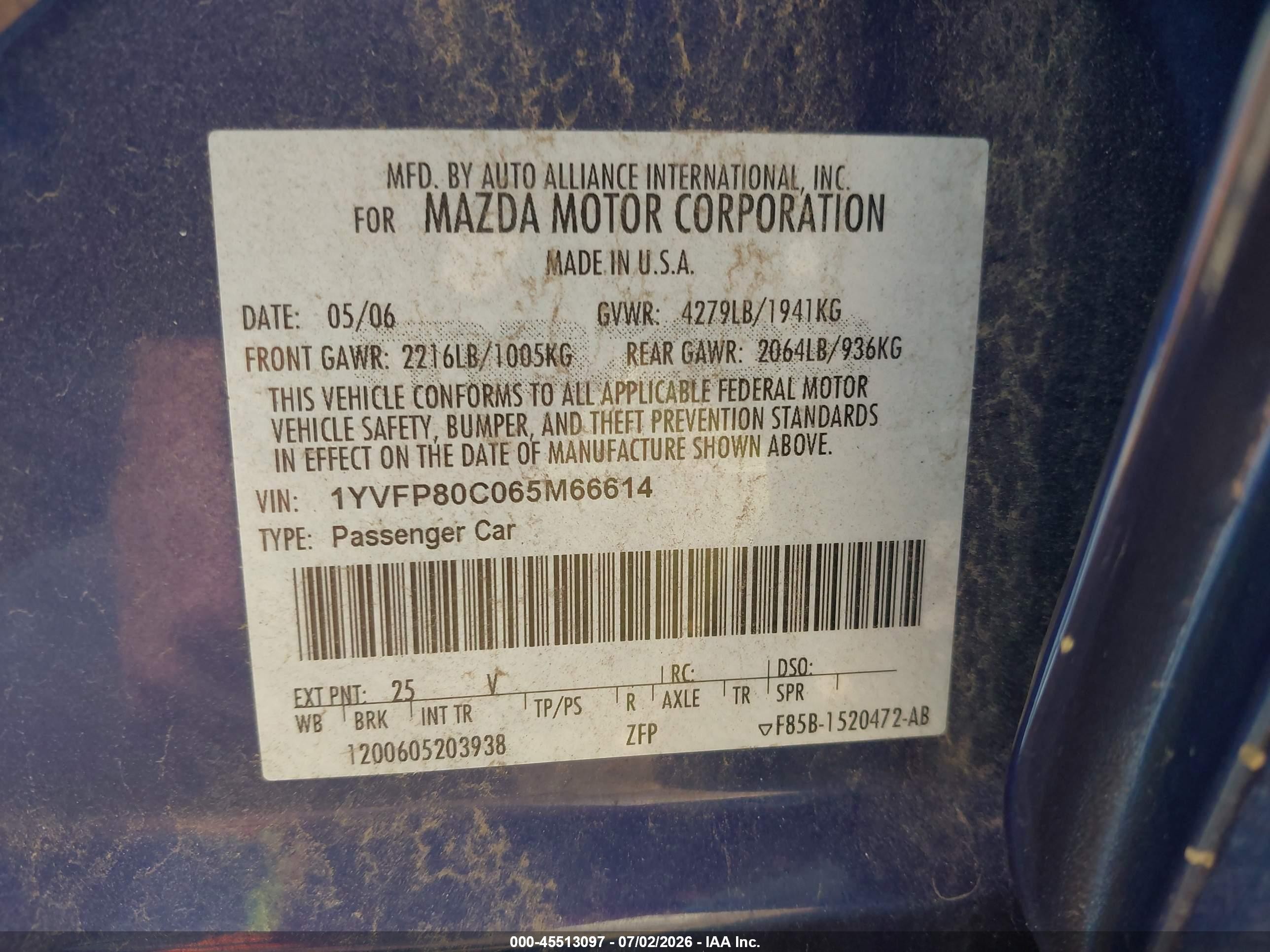 2006 Mazda Mazda6 I Blue vin: 1YVFP80C065M66614