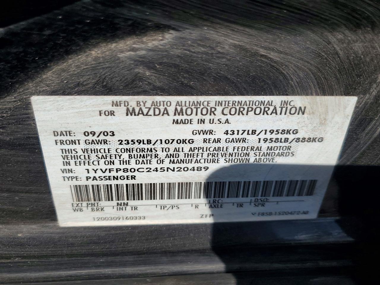 2004 Mazda 6 I Black vin: 1YVFP80C245N20489