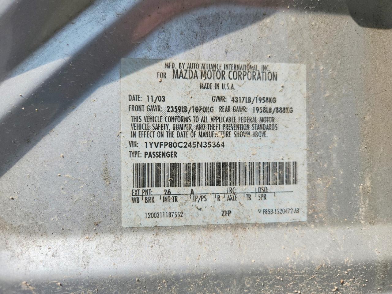 2004 Mazda 6 I Серебряный vin: 1YVFP80C245N35364