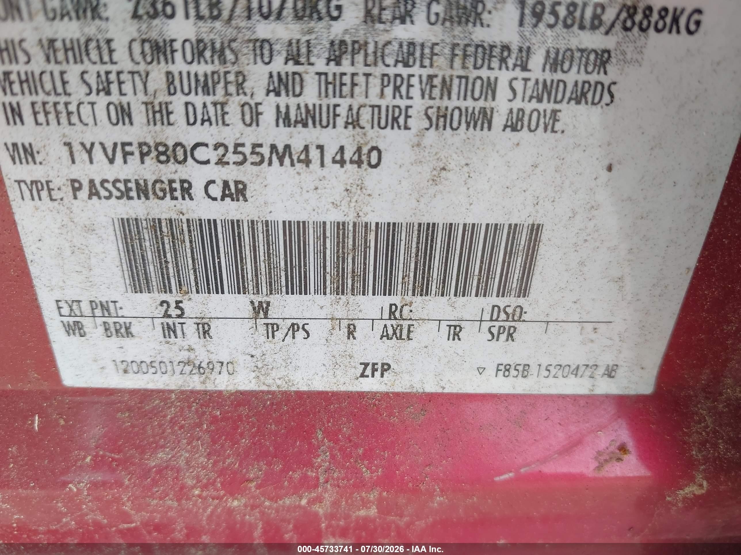2005 Mazda Mazda6 I Base Red vin: 1YVFP80C255M41440