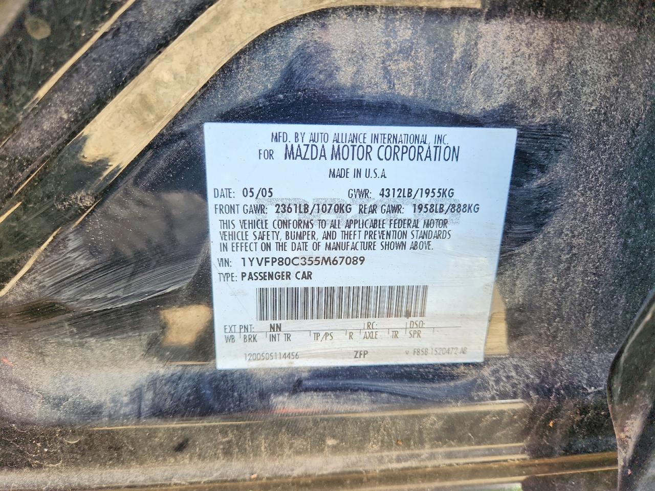 2005 Mazda 6 I Black vin: 1YVFP80C355M67089