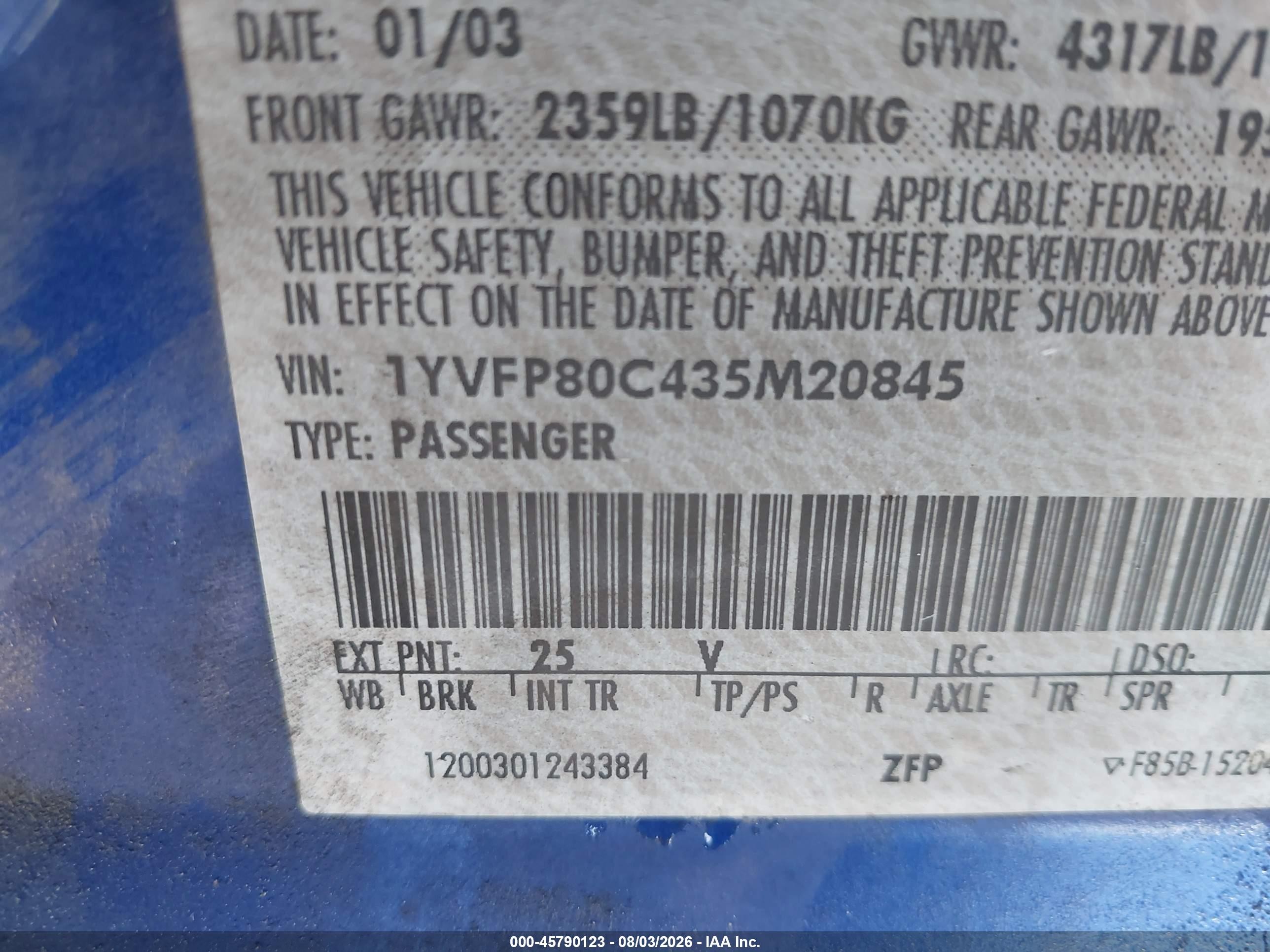 2003 Mazda Mazda6 I Blue vin: 1YVFP80C435M20845