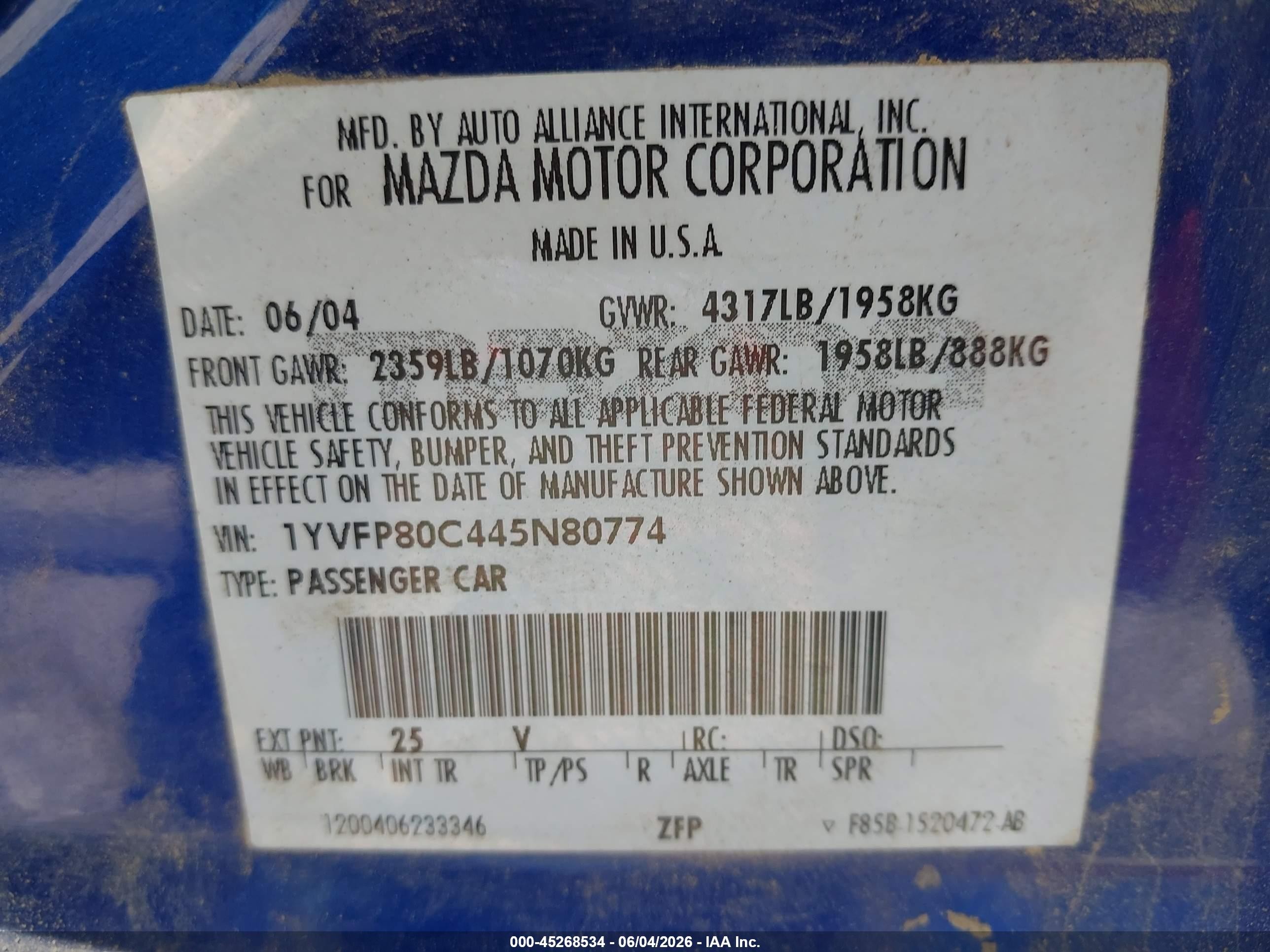 2004 Mazda Mazda6 I Blue vin: 1YVFP80C445N80774