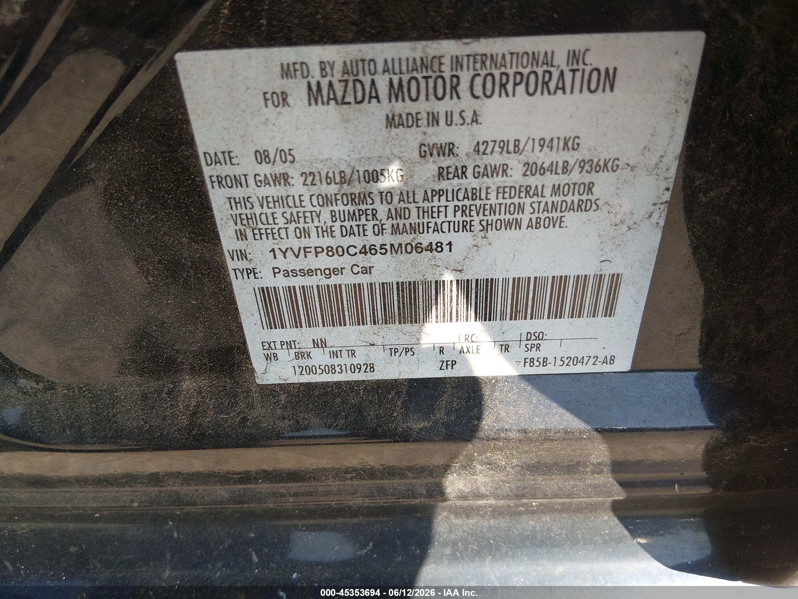 2006 Mazda Mazda6 I Black vin: 1YVFP80C465M06481