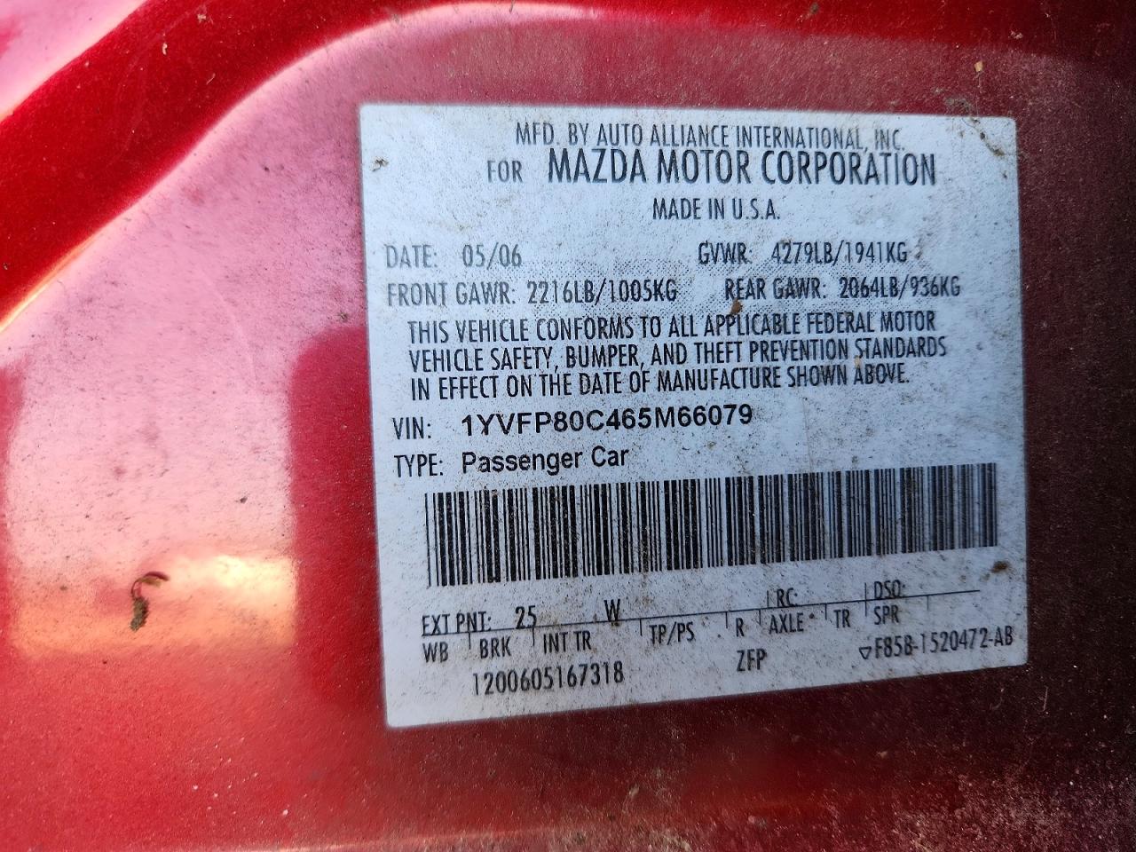 2006 Mazda 6 I Burgundy vin: 1YVFP80C465M66079