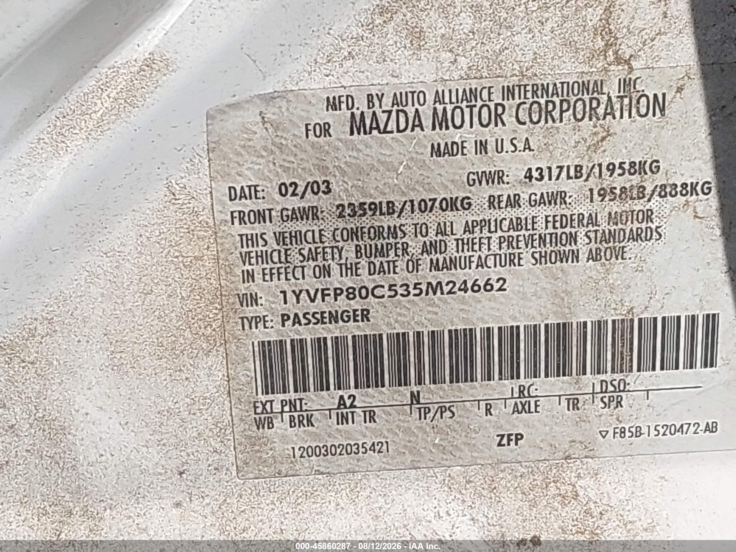2003 Mazda Mazda6 I White vin: 1YVFP80C535M24662