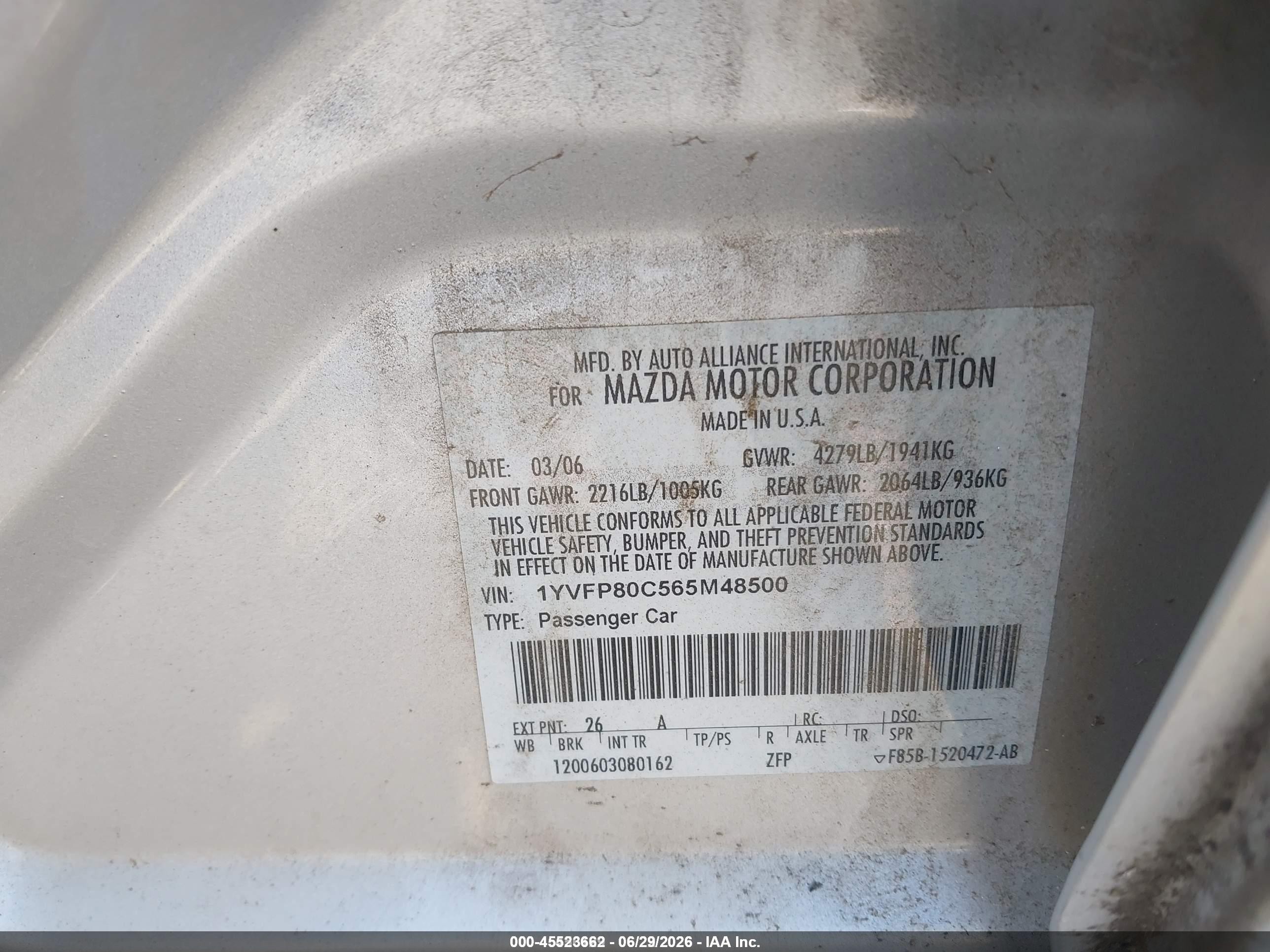 2006 Mazda Mazda6 I Silver vin: 1YVFP80C565M48500
