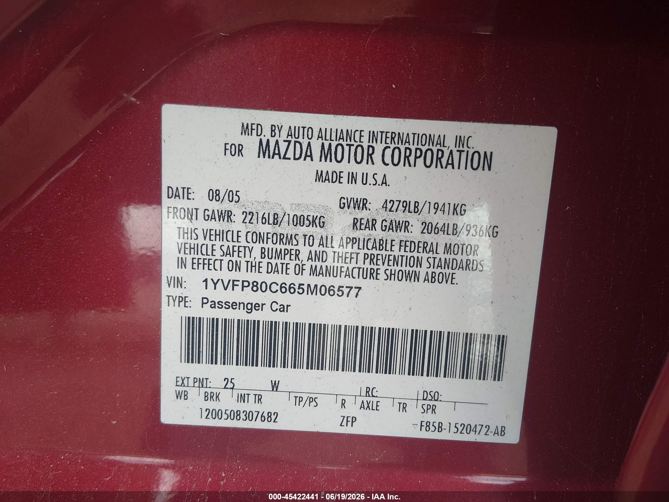 2006 Mazda Mazda6 I Red vin: 1YVFP80C665M06577