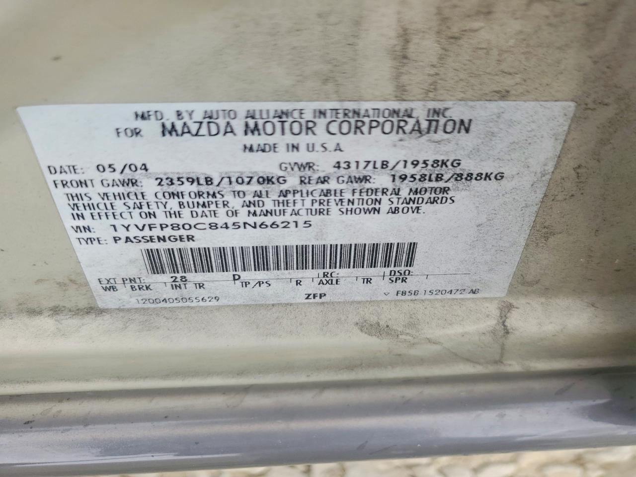 2004 Mazda 6 I Gray vin: 1YVFP80C845N66215