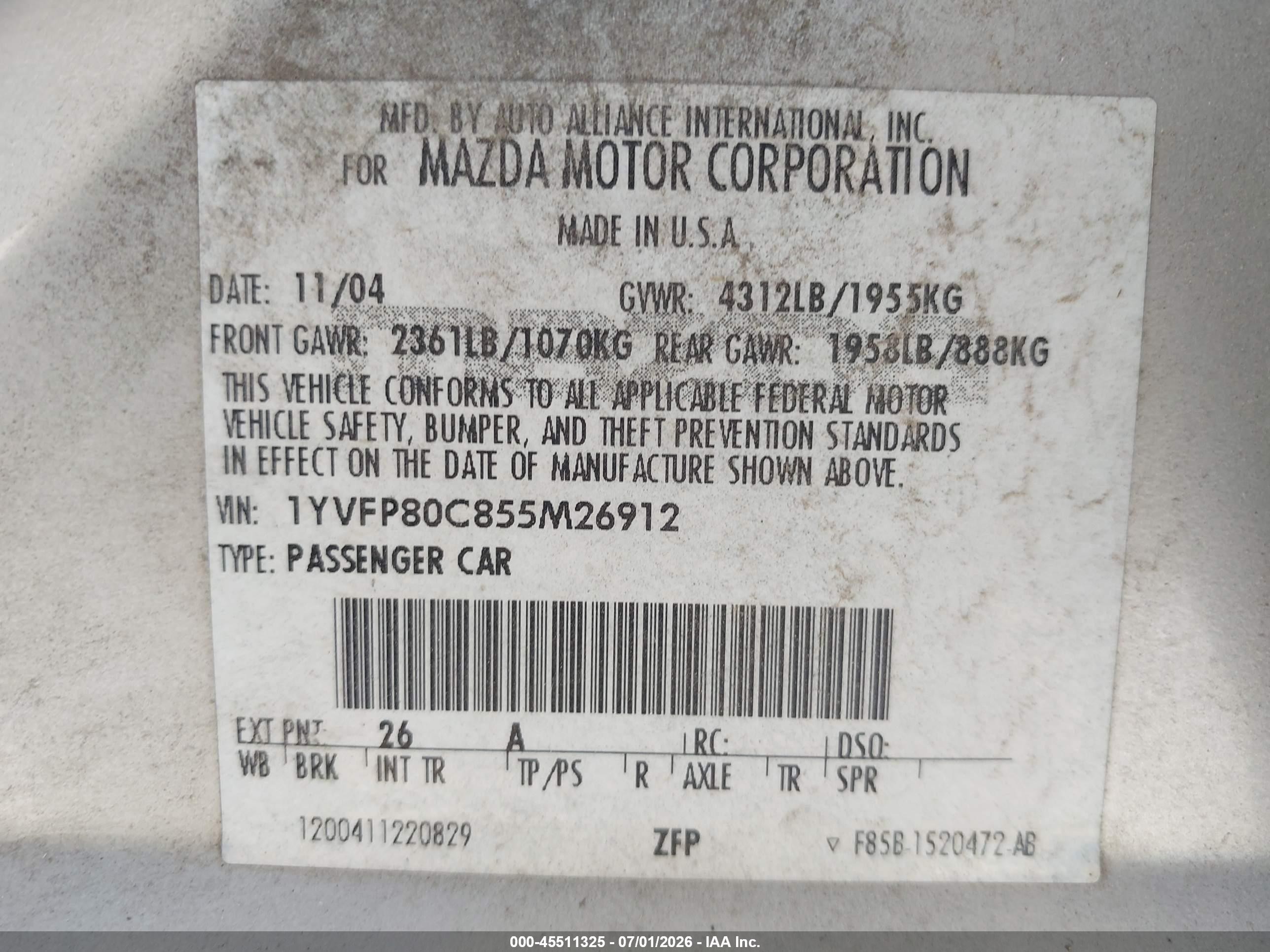 2005 Mazda Mazda6 I Base Silver vin: 1YVFP80C855M26912