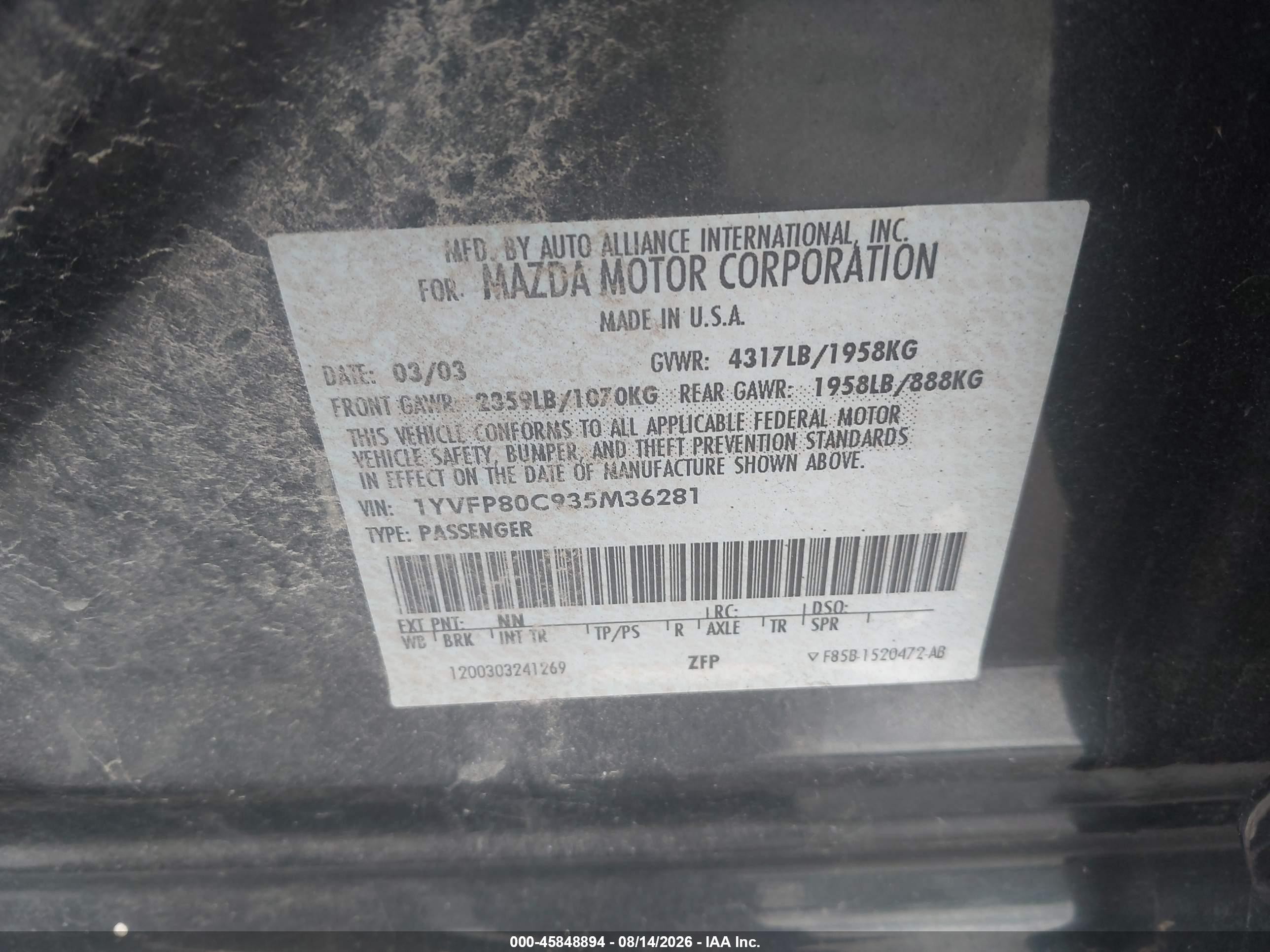 2003 Mazda Mazda6 I Черный vin: 1YVFP80C935M36281