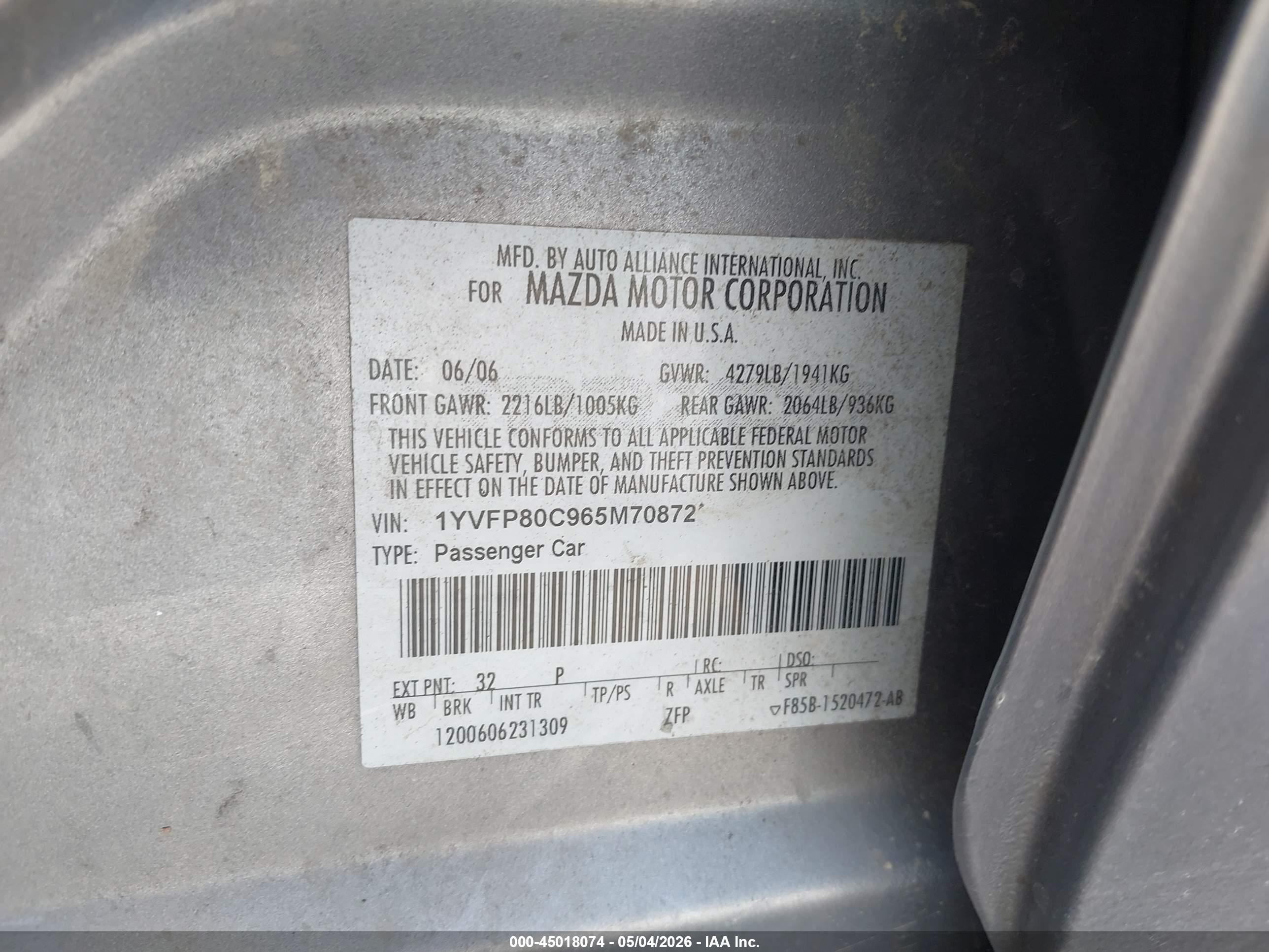 2006 Mazda Mazda6 I Gray vin: 1YVFP80C965M70872
