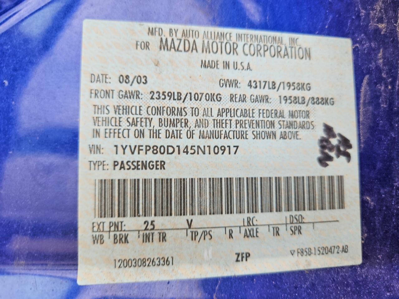 2004 Mazda 6 S Blue vin: 1YVFP80D145N10917