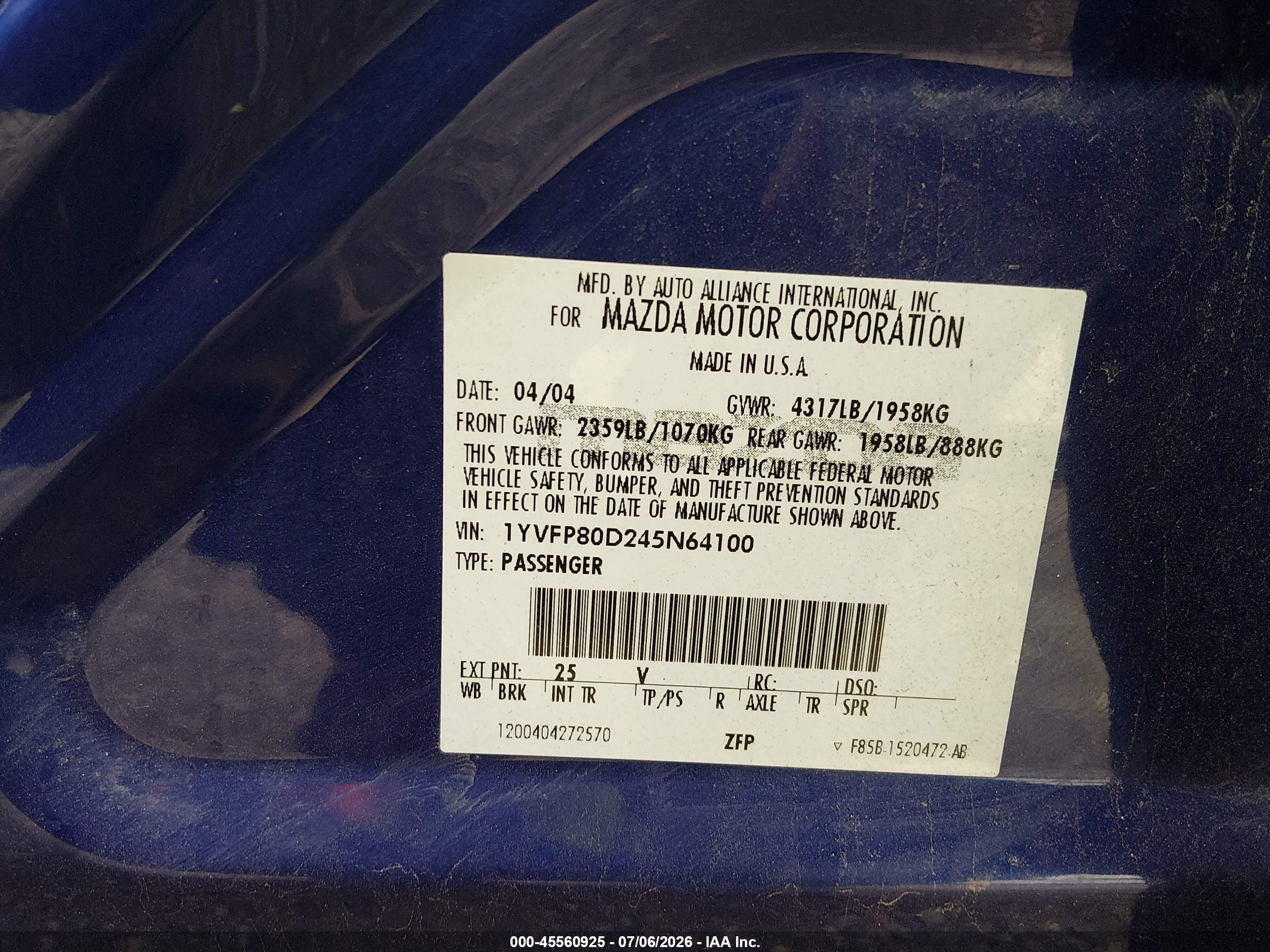 2004 Mazda Mazda6 S Blue vin: 1YVFP80D245N64100