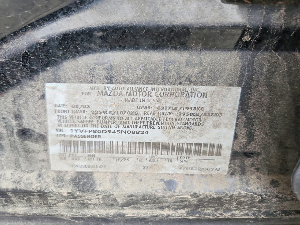 2004 Mazda 6 S Black vin: 1YVFP80D945N08834
