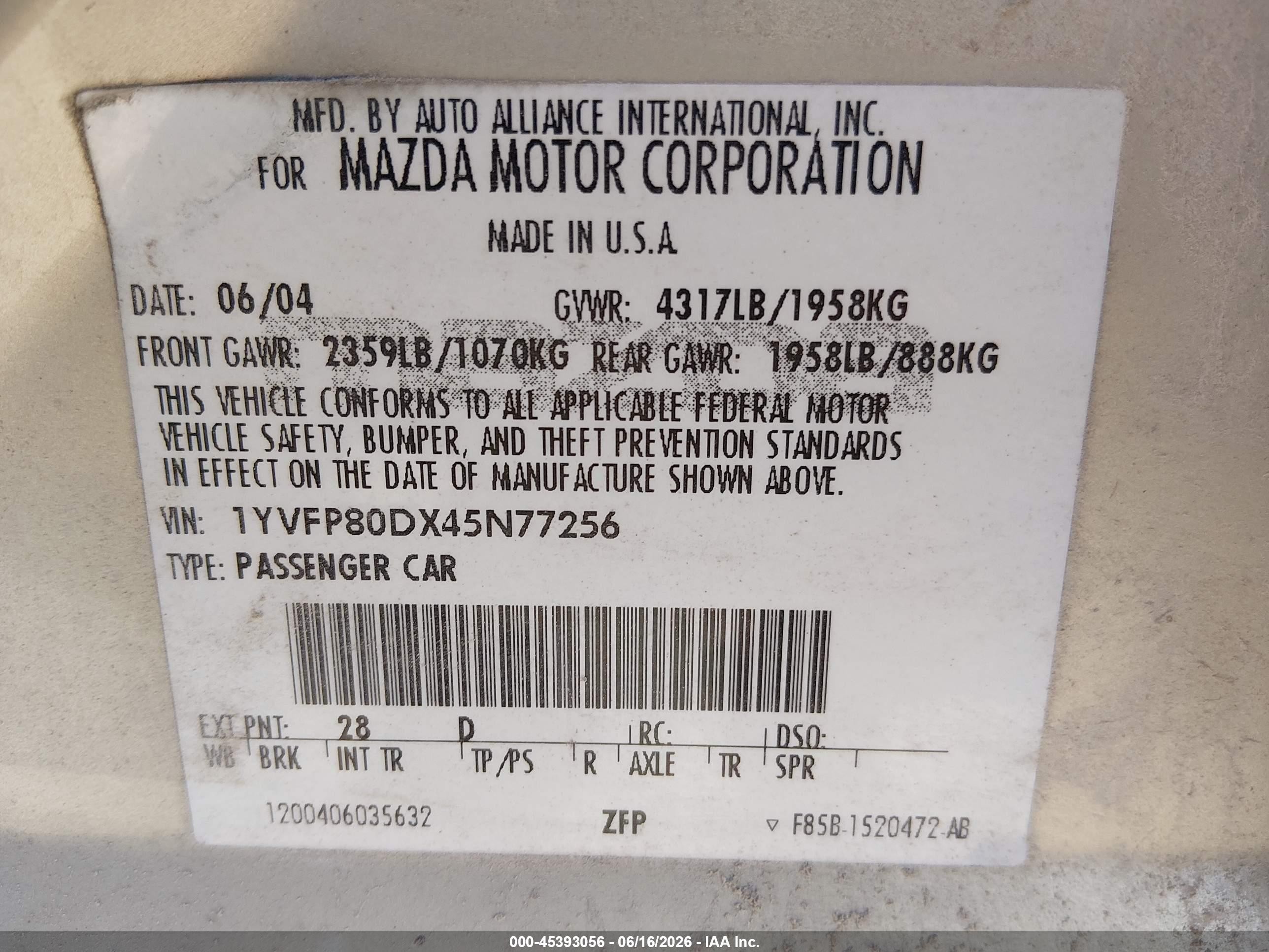 2004 Mazda Mazda6 S Beige vin: 1YVFP80DX45N77256