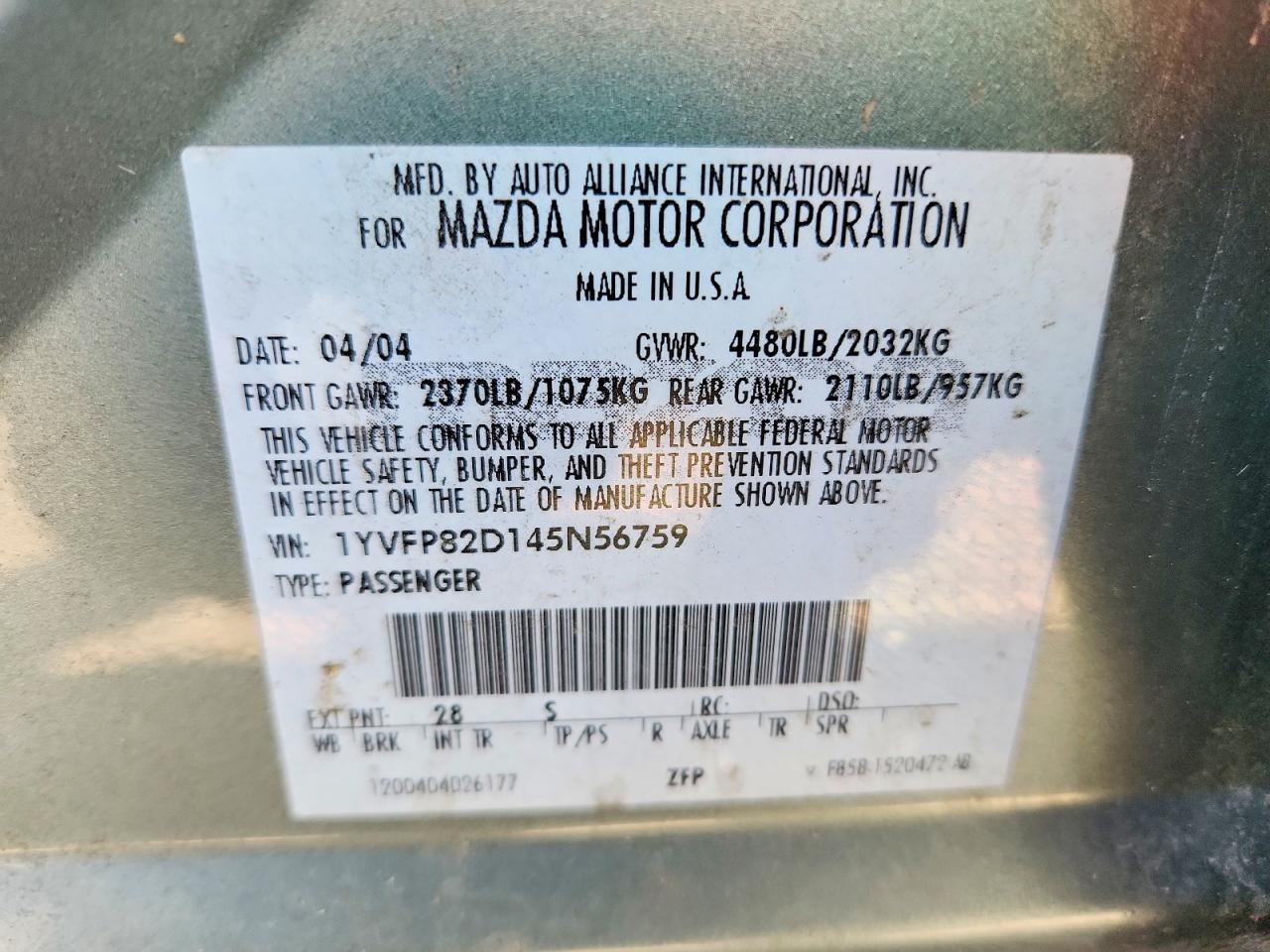 2004 Mazda 6 S Green vin: 1YVFP82D145N56759
