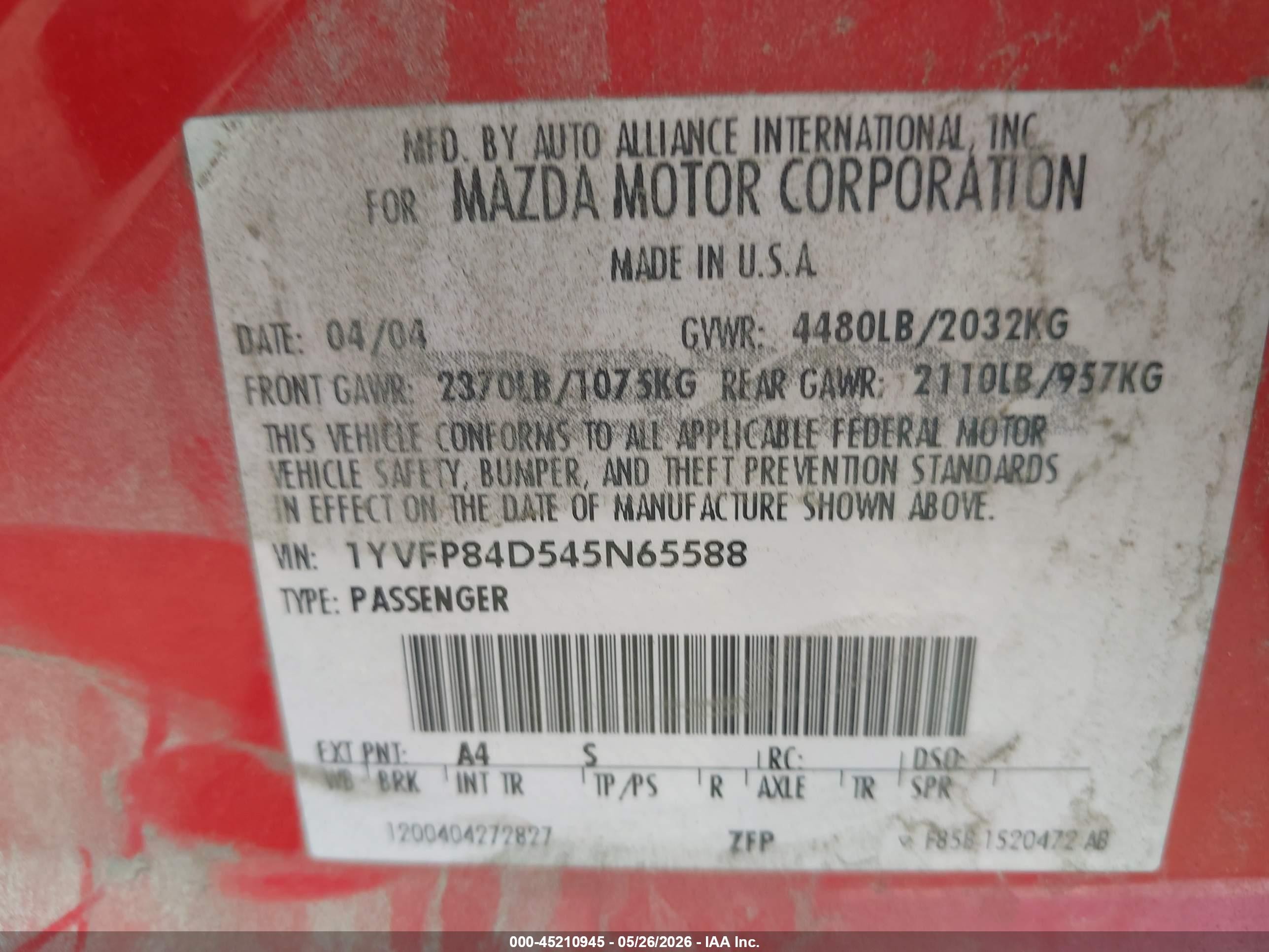 2004 Mazda Mazda6 S Red vin: 1YVFP84D545N65588