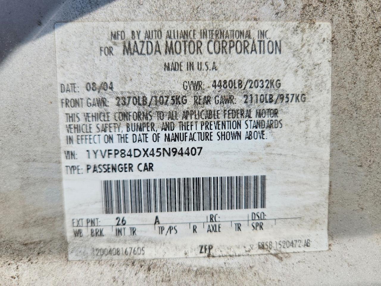 2004 Mazda 6 S Silver vin: 1YVFP84DX45N94407