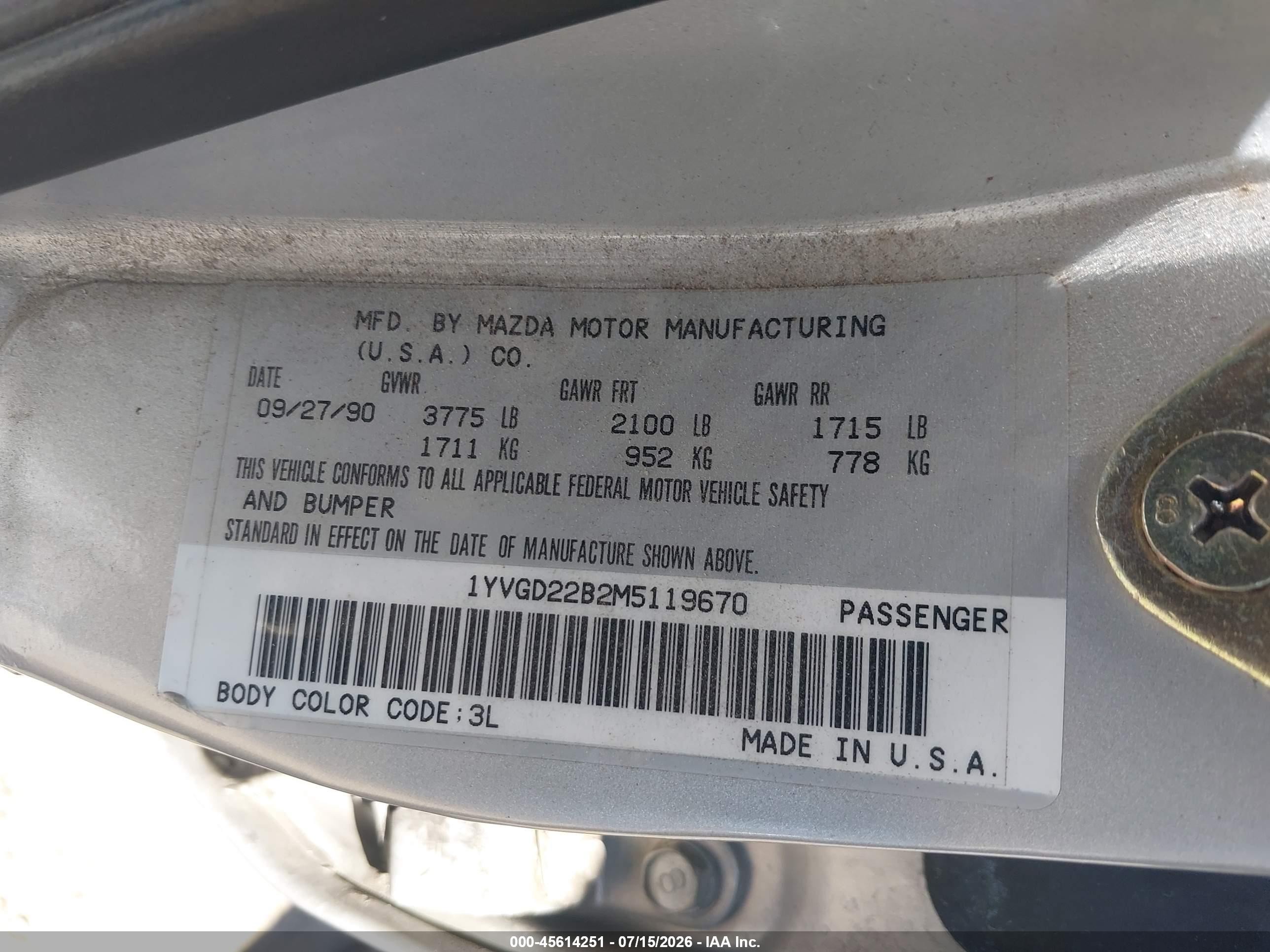 1991 Mazda 626 Dx/lx Silver vin: 1YVGD22B2M5119670