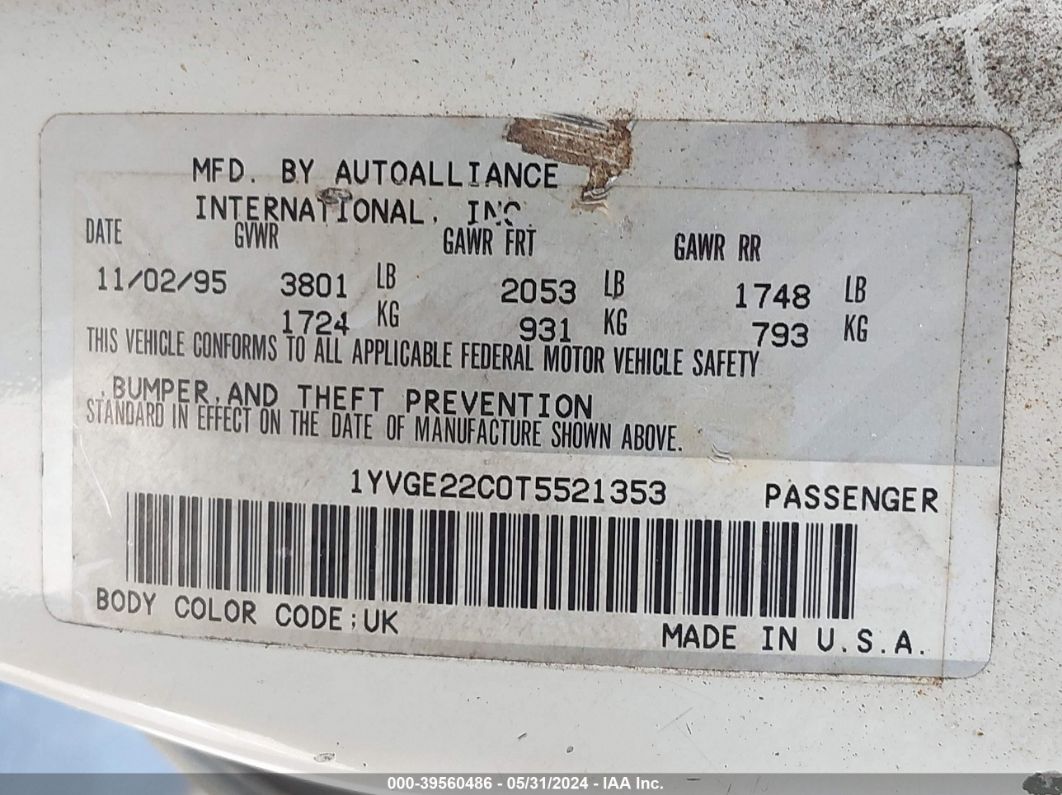 Price & History 1996 Mazda 626 Dx/lx 2.0l I4 Fi F4 vin