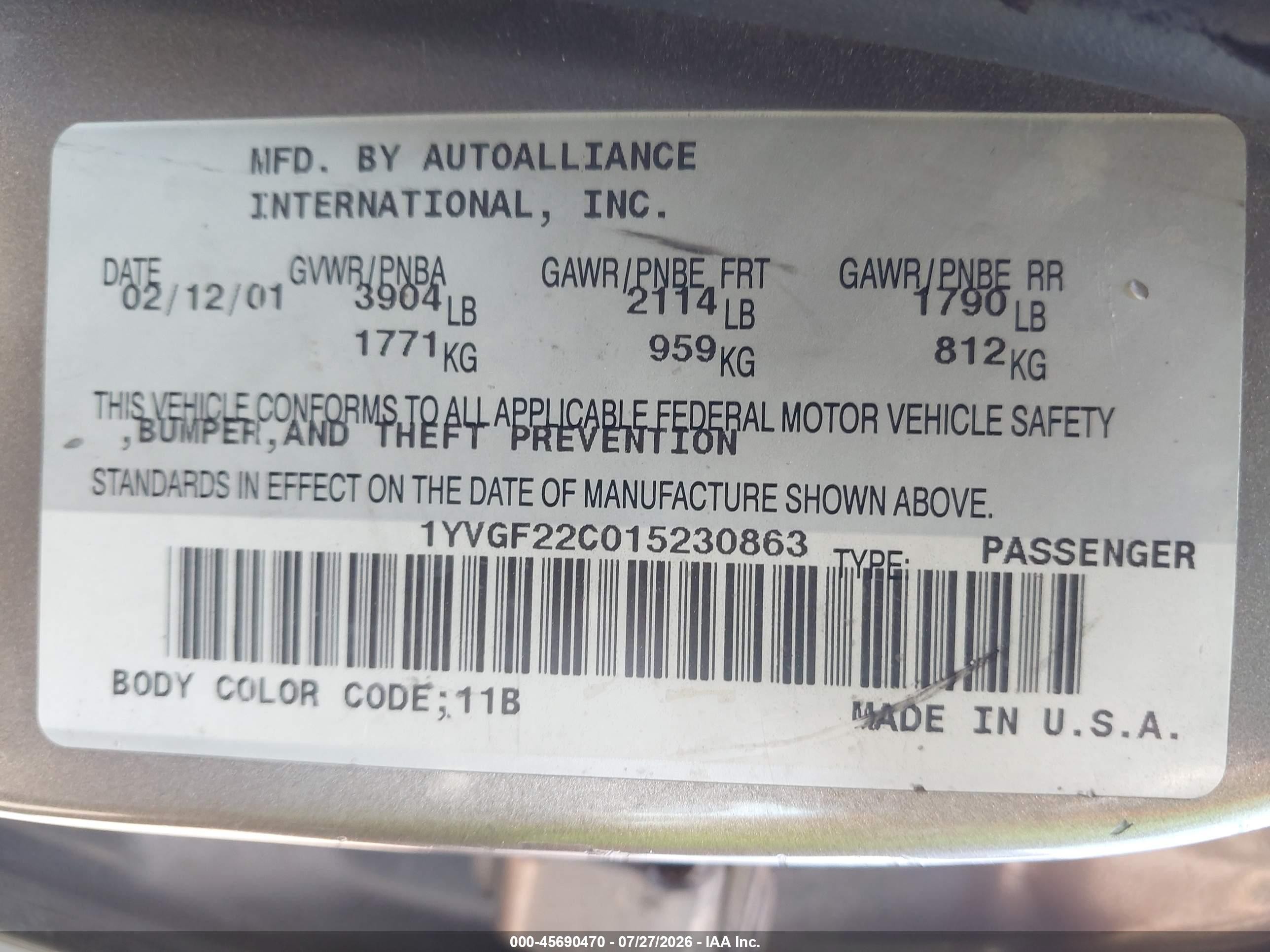 2001 Mazda 626 Es/lx Gray vin: 1YVGF22C015230863