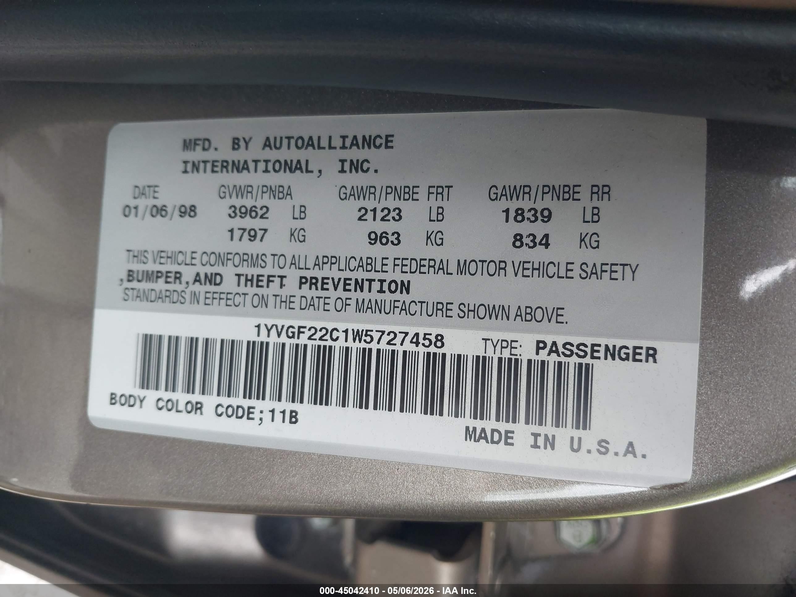 1998 Mazda 626 Dx/lx Champagne vin: 1YVGF22C1W5727458