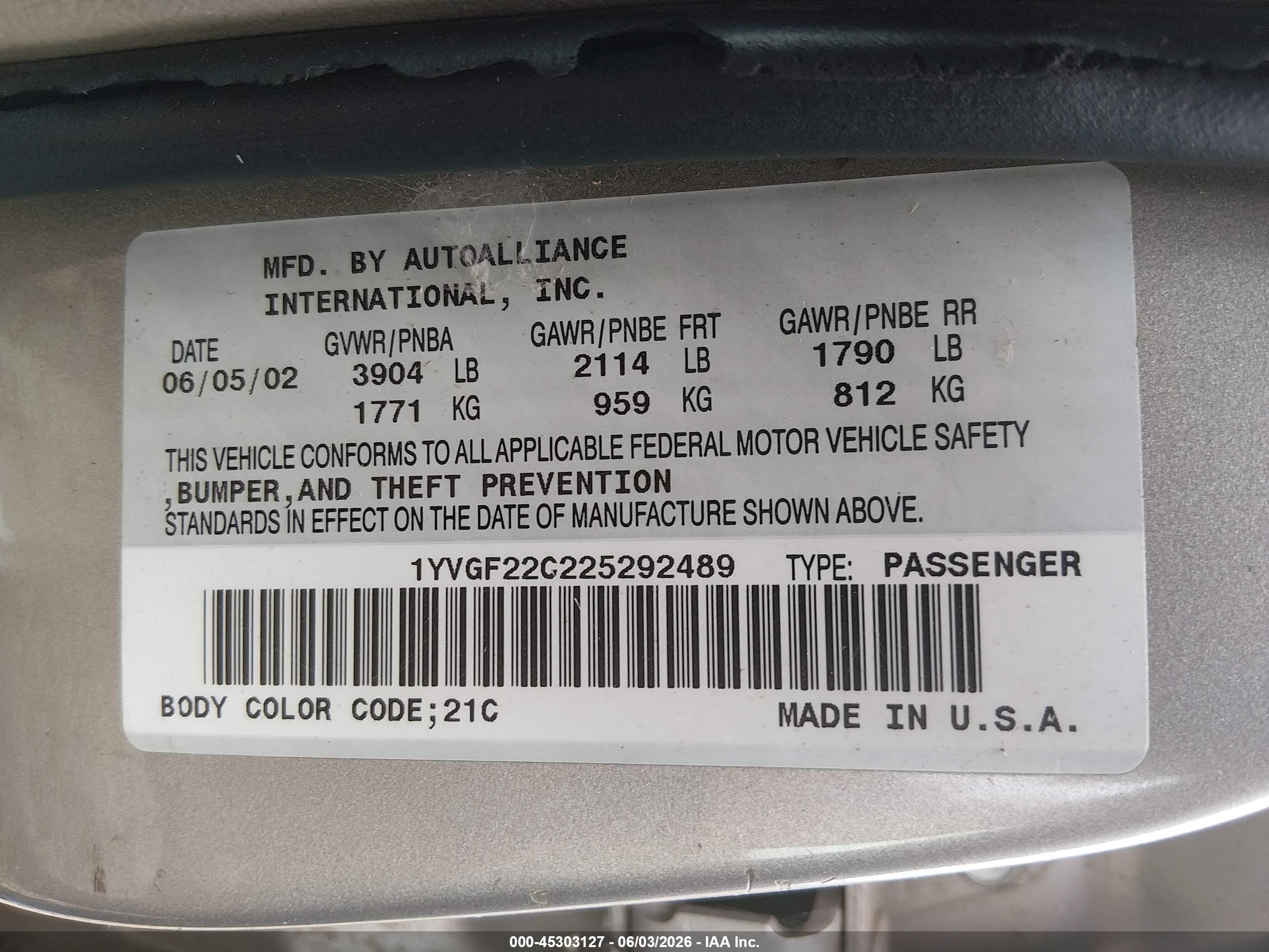 2002 Mazda 626 Lx Gold vin: 1YVGF22C225292489