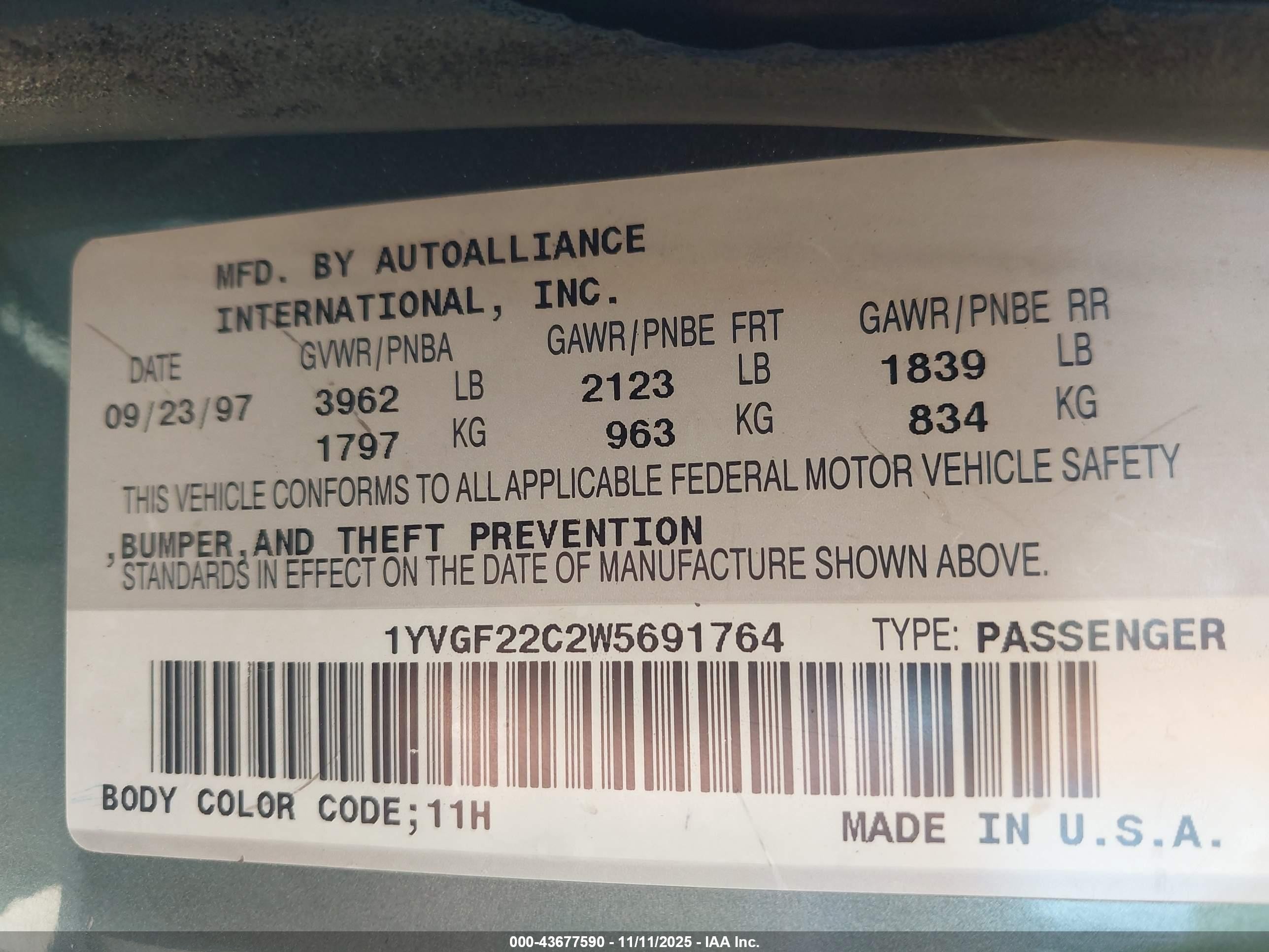 1998 Mazda 626 Dx/lx Green vin: 1YVGF22C2W5691764