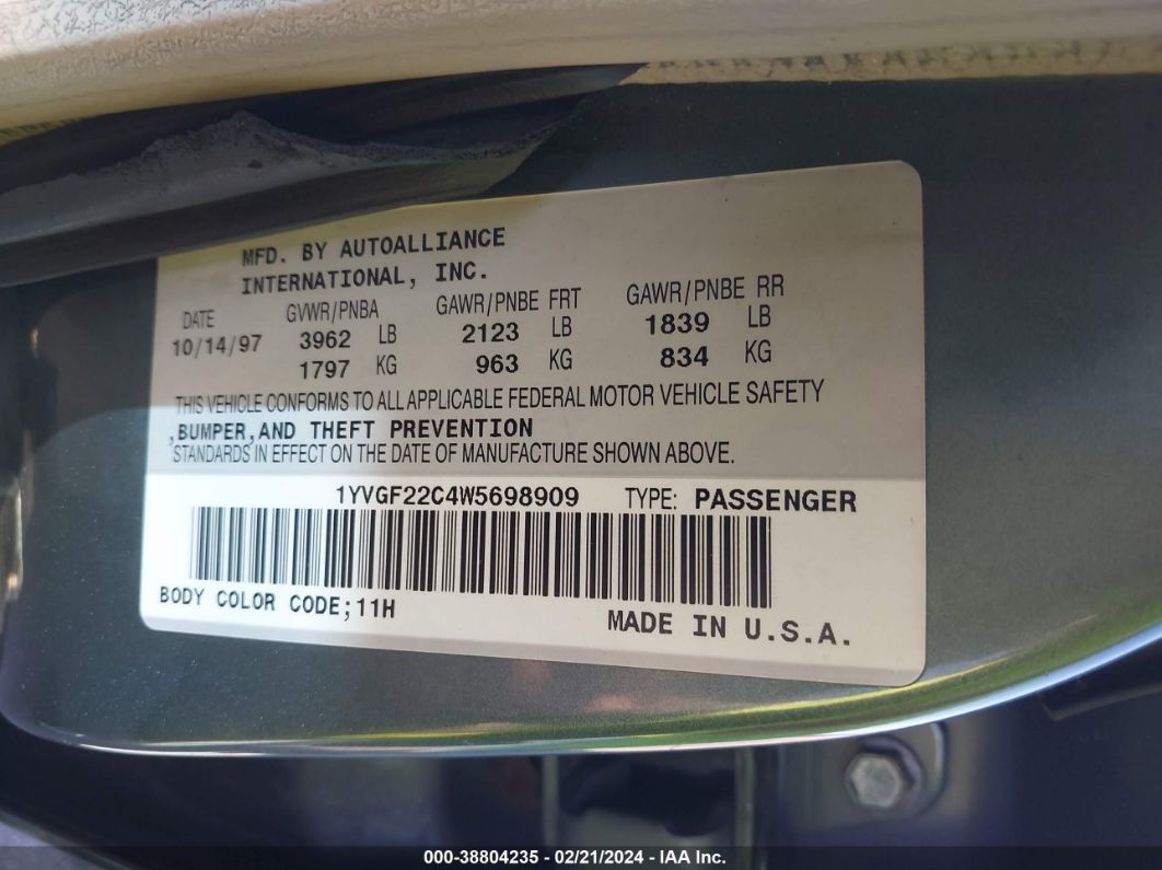 Price & History 1998 Mazda 626 Dx/lx 2.0l I-4 Dohc, 125hp vin
