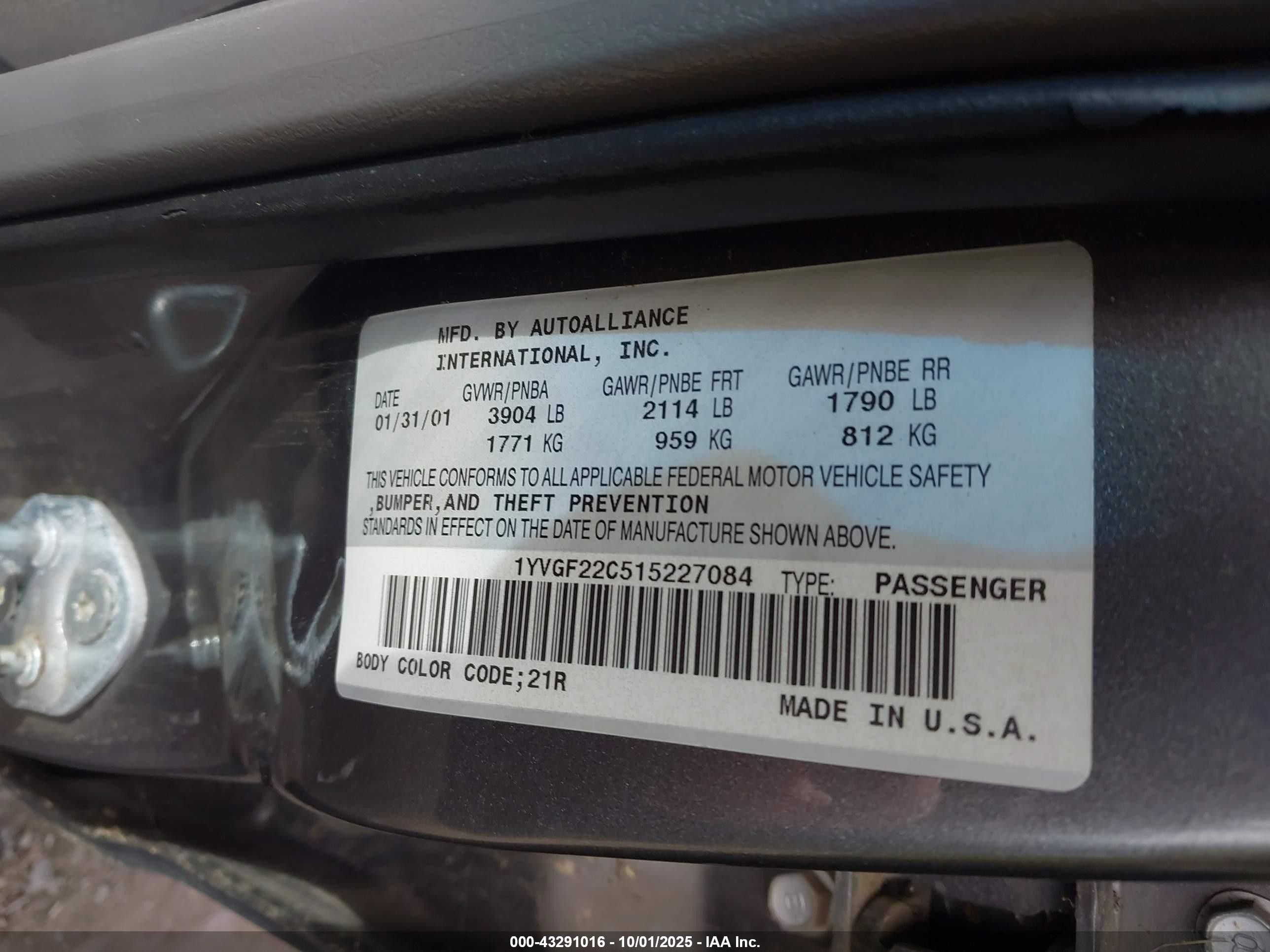 2001 Mazda 626 Es/lx Gray vin: 1YVGF22C515227084
