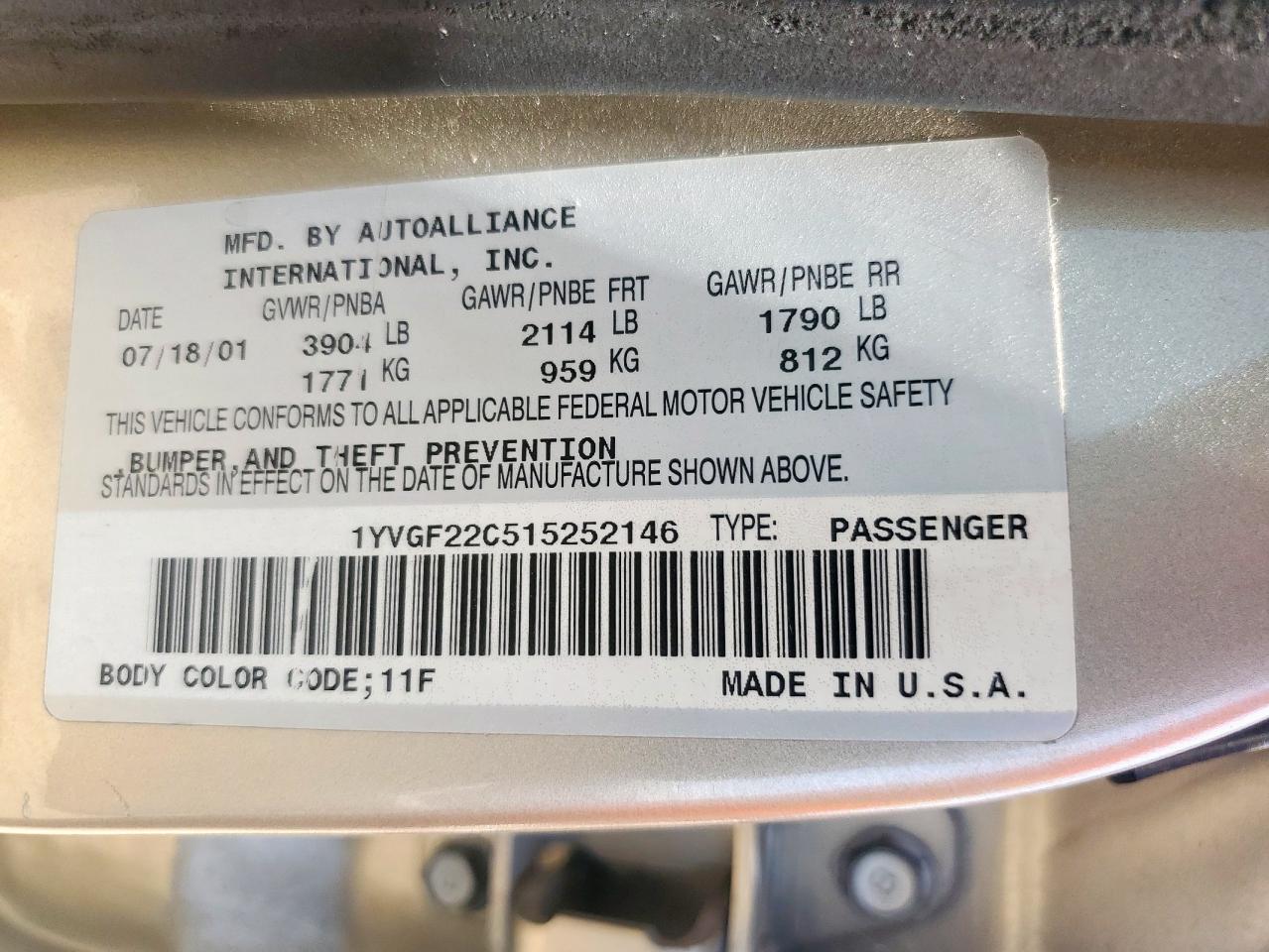 2001 Mazda 626 Es Beige vin: 1YVGF22C515252146