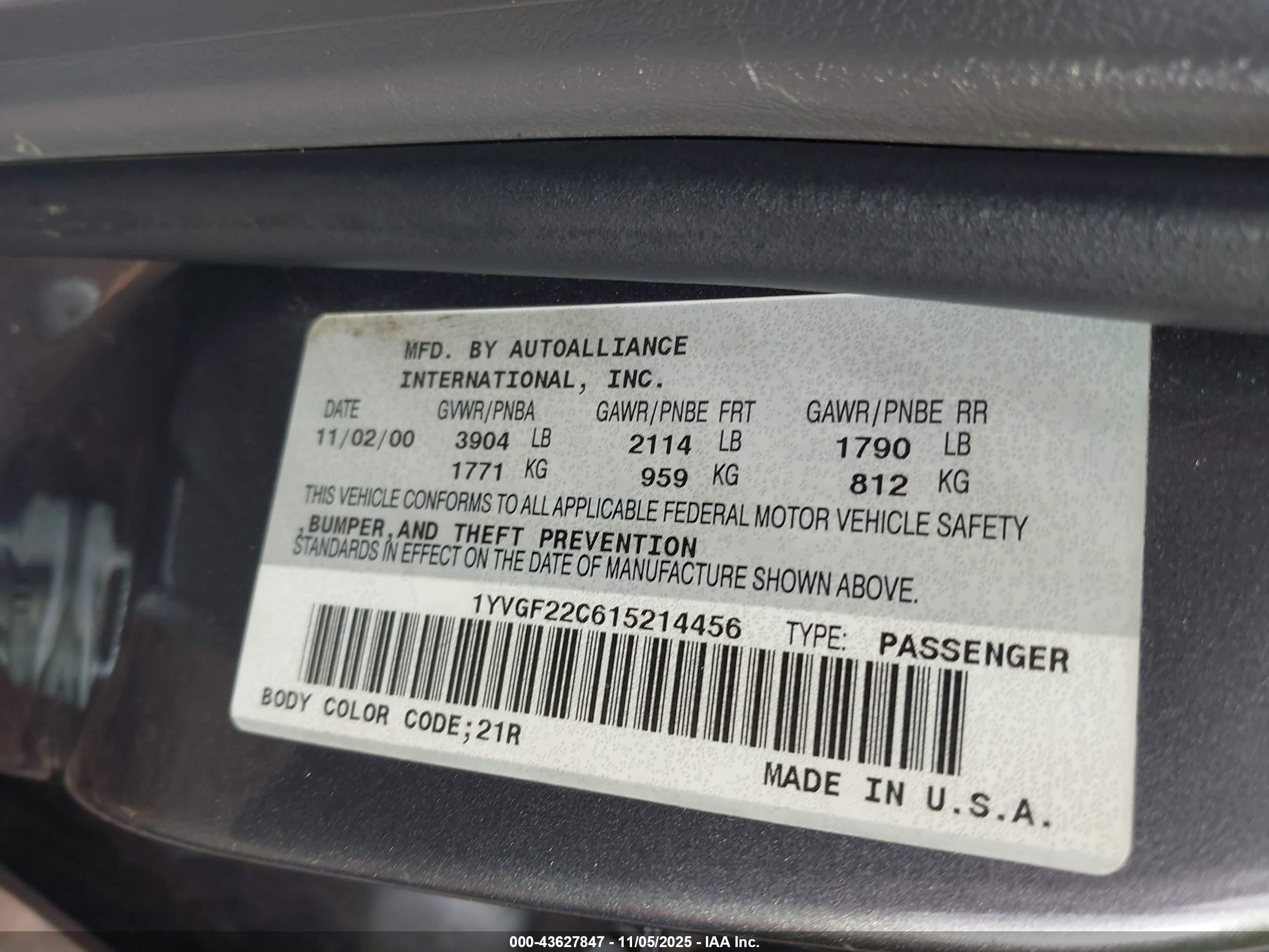 2001 Mazda 626 Es/lx Gray vin: 1YVGF22C615214456